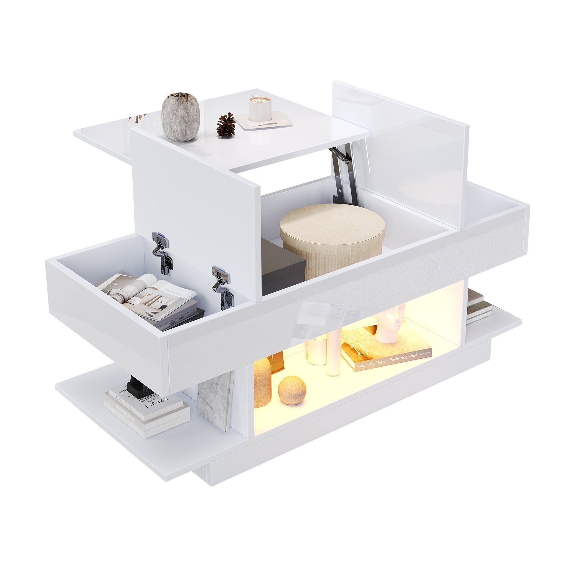 Lift Coffee Table, Height-Adjustable Storage LED, High-Gloss White