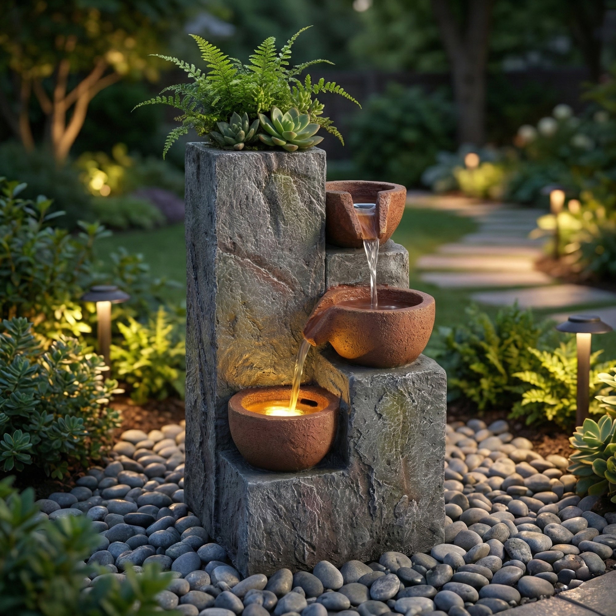 Garden Fountain with Three-Tier Waterfall and Antique Standing Basin, 230V Metal Finish