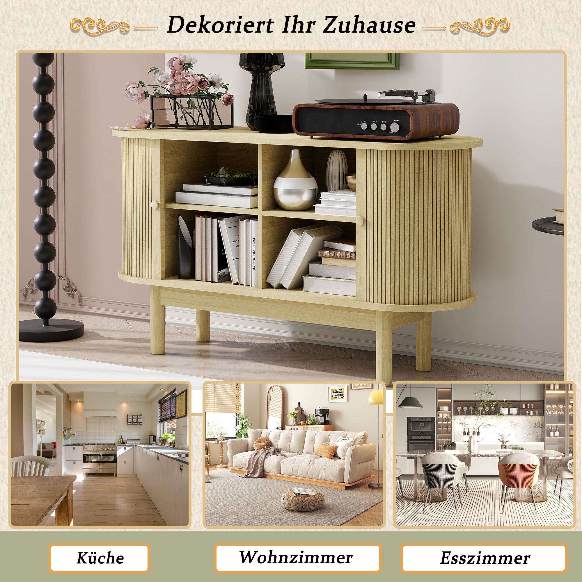 Sideboard, Retro Modern Slatted with Sliding Doors, 138cm Adjustable Shelves, Natural Wood