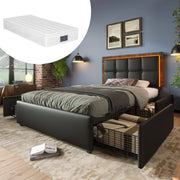 Bed Frame, LED, 4 Drawers, Adjustable Headboard, Single 90x200cm, PU Black