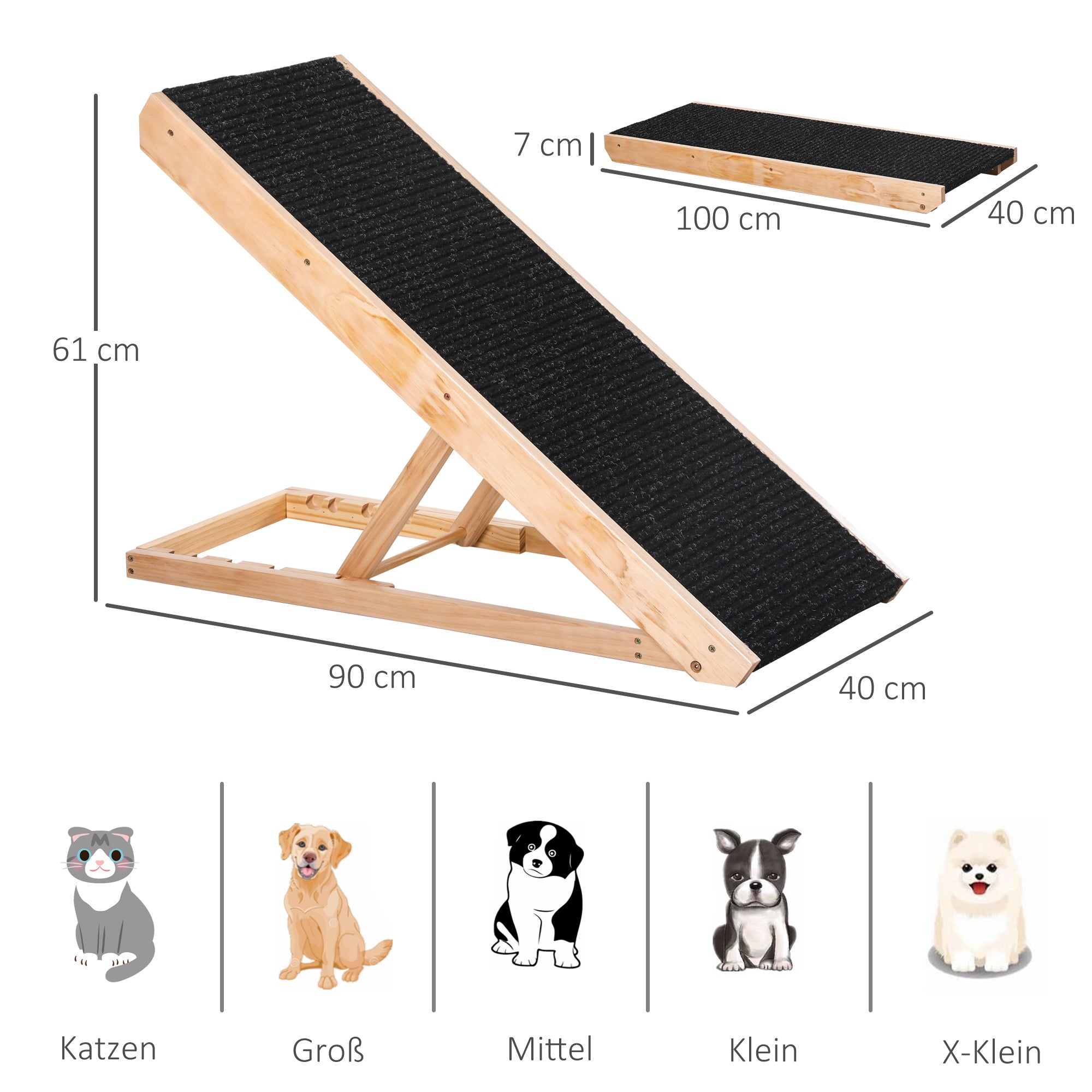Pet Ramp, Adjustable Non-Slip, Pinewood and Polyester