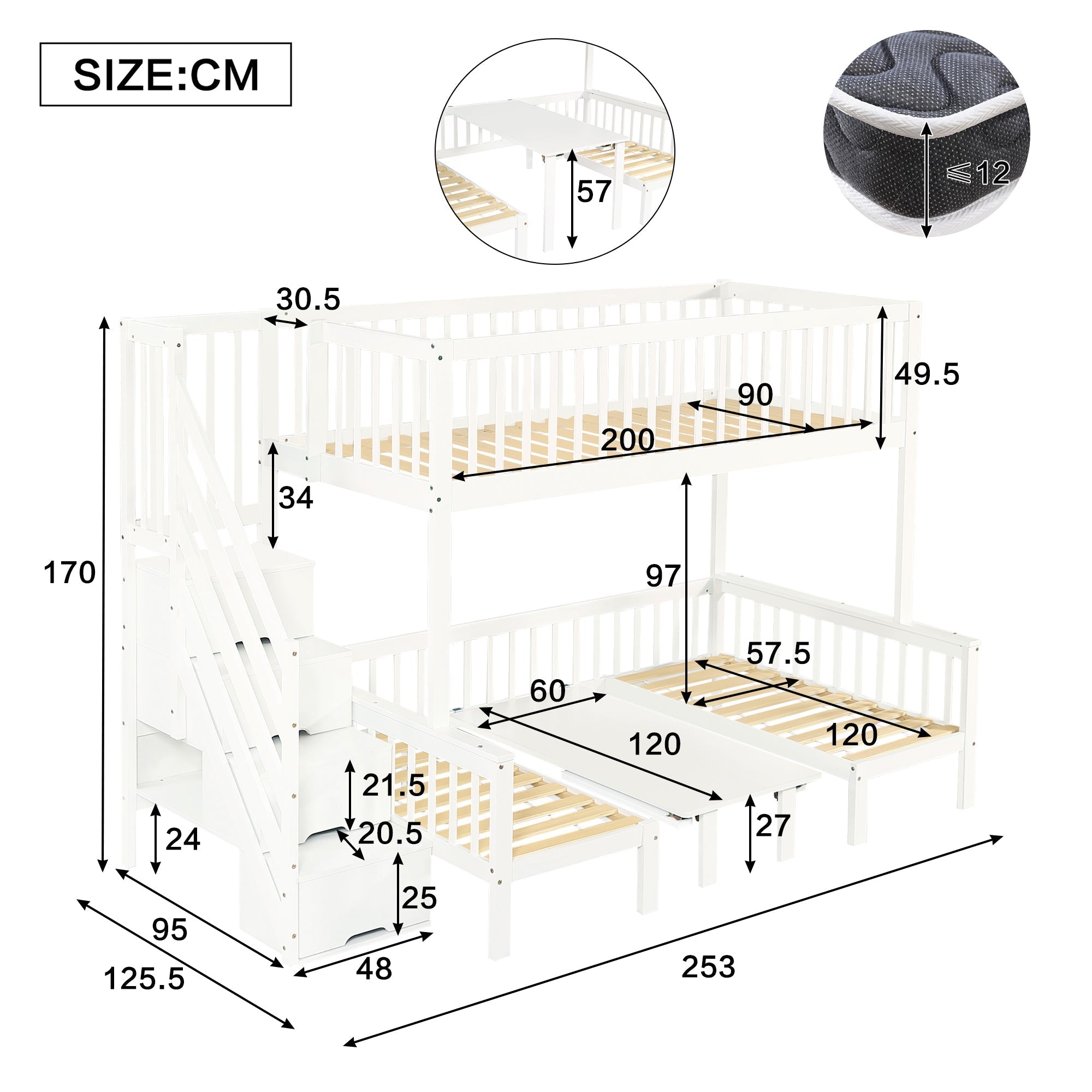 Bunk Bed, Multifunctional Height-Adjustable Table, Storage Ladder & Safety Railing, Pine + MDF + Plywood, White
