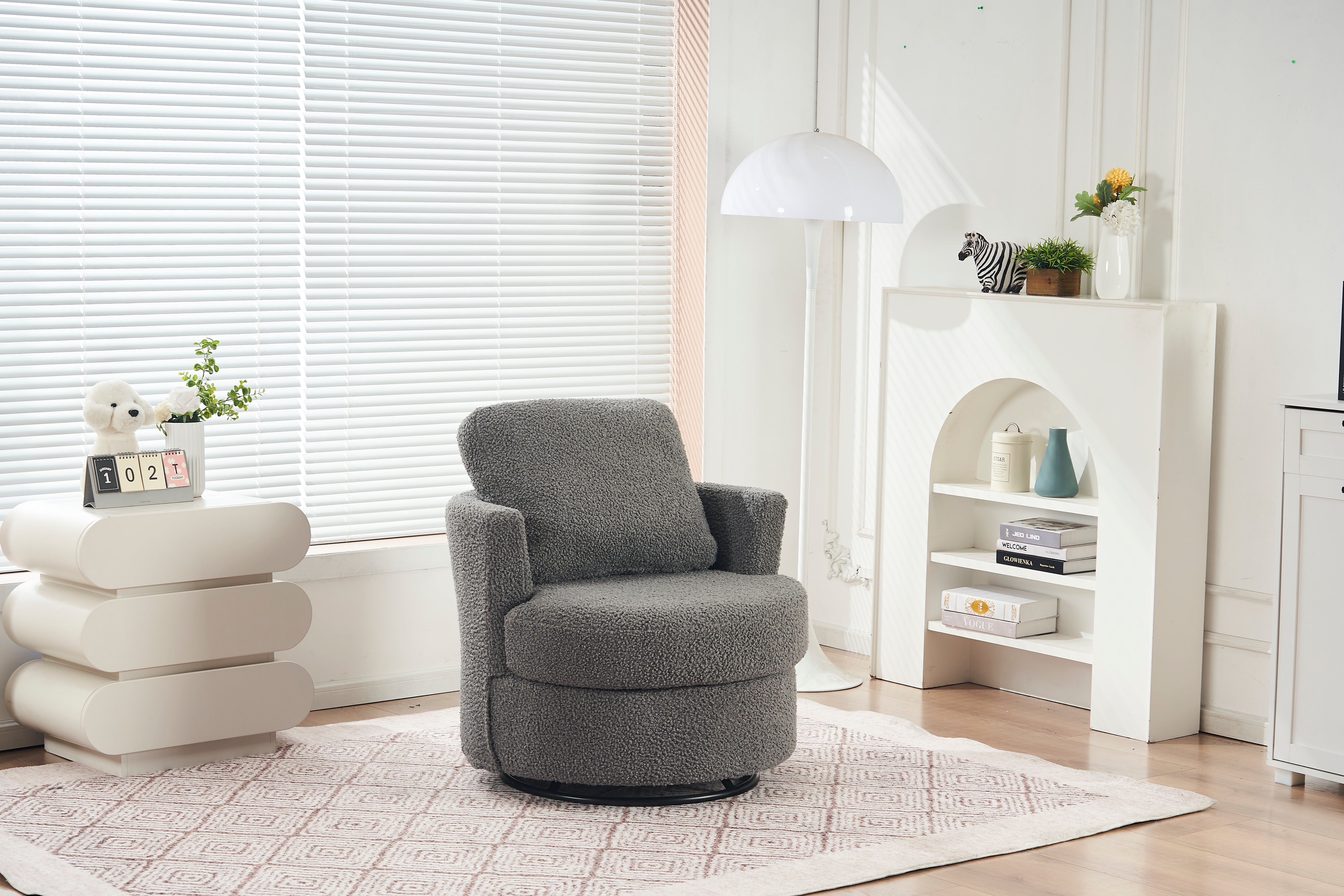Teddy Swivel Armchair: Back Cushion Pillow, Thick Foam Pad, Medium Grey