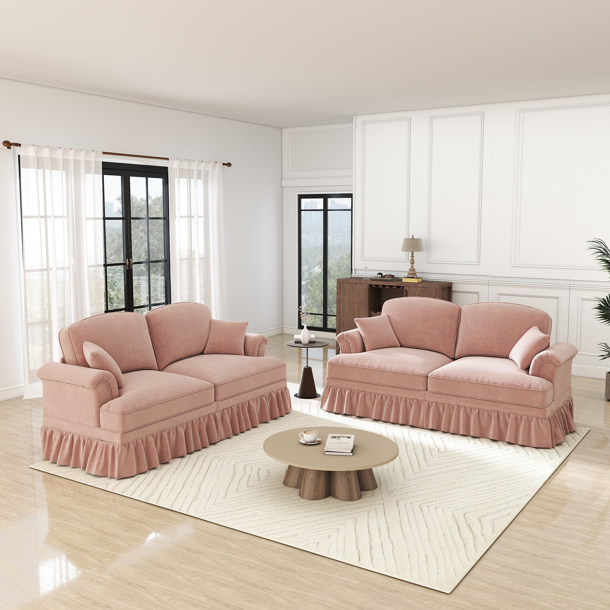 L-Shaped 2-Seater Sofa Mid-Century Movable Ottoman Chenille - Pink