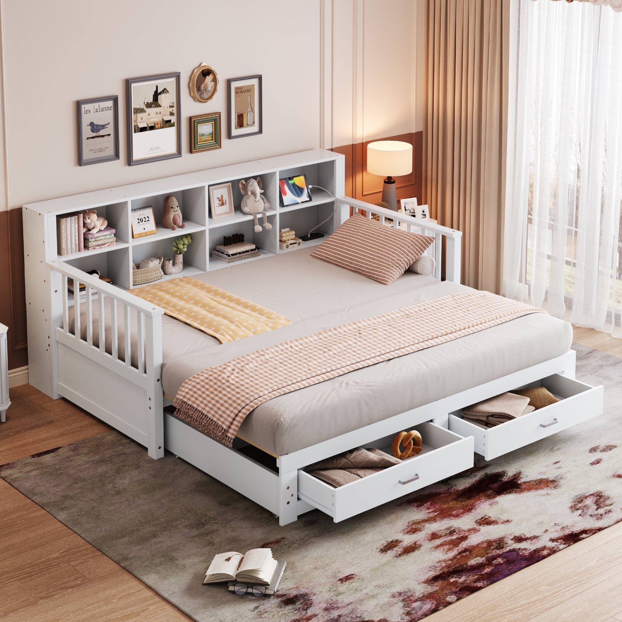 Sofa Bed, Pull-Out Solid Wood with Storage, Drawers & Slatted Frame, White