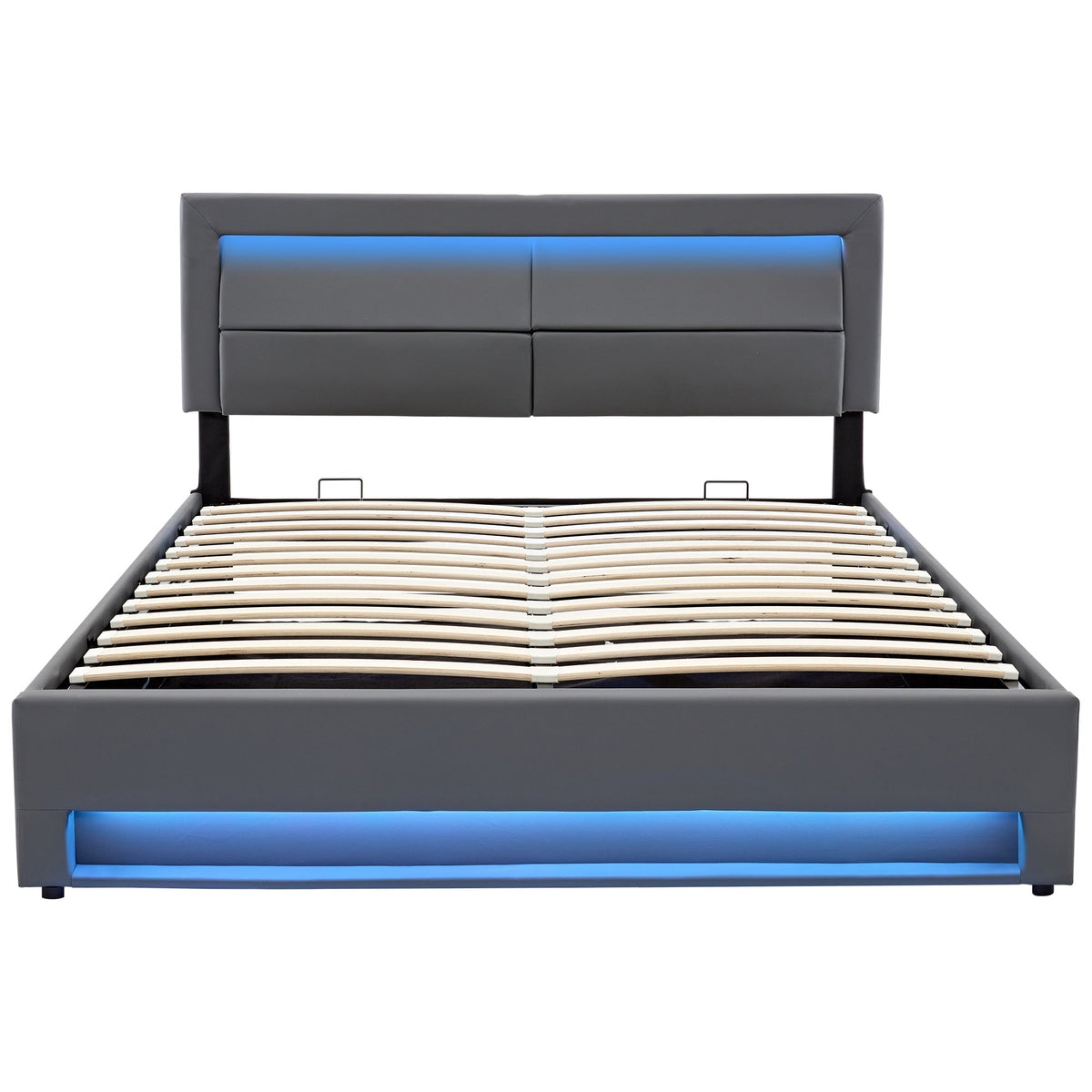 Upholstered Bed 140x200cm USB Charging LED Light Storage PU Lychee Grey