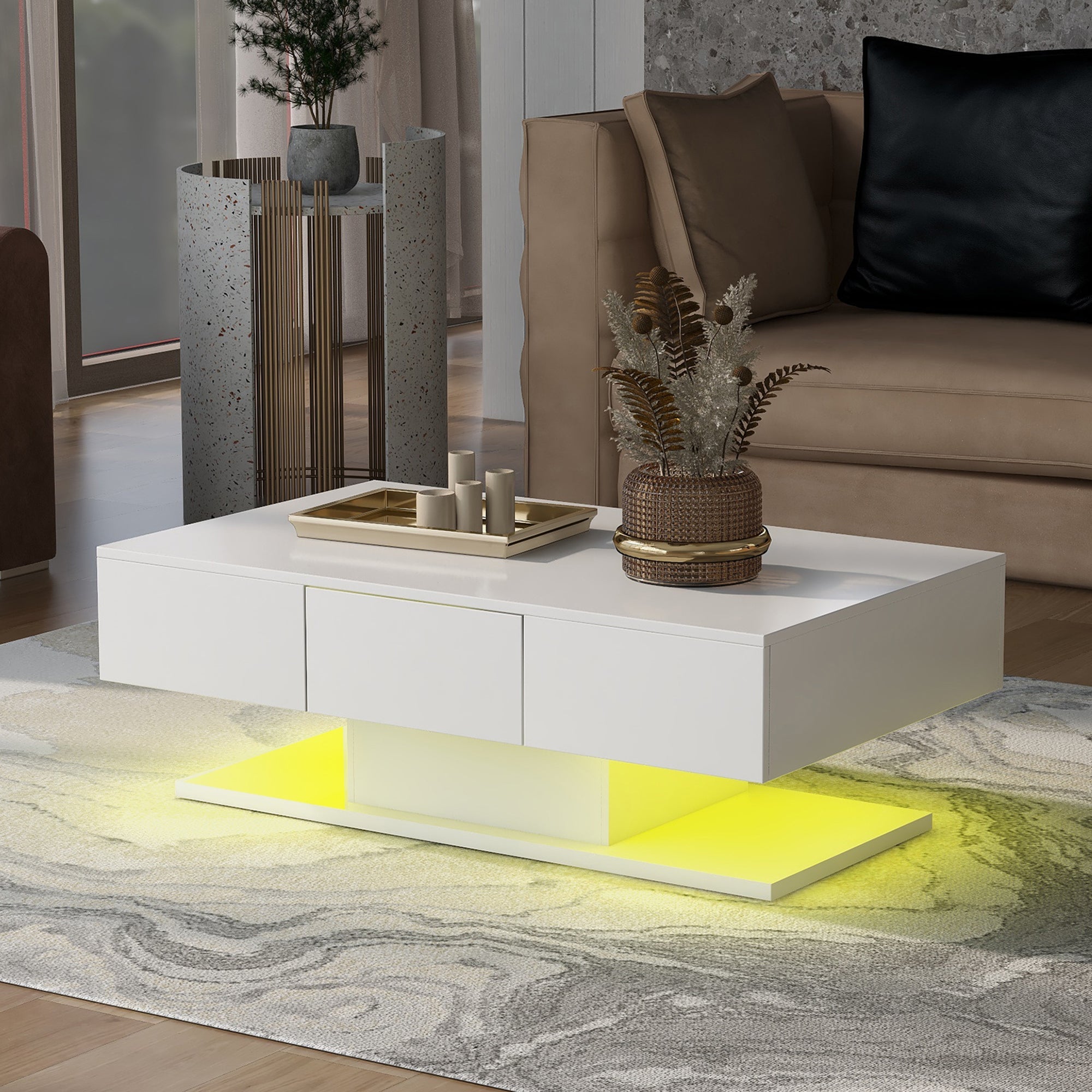 Tea Table, High Gloss Sofa Desk with 2 Drawers, 100cm White
