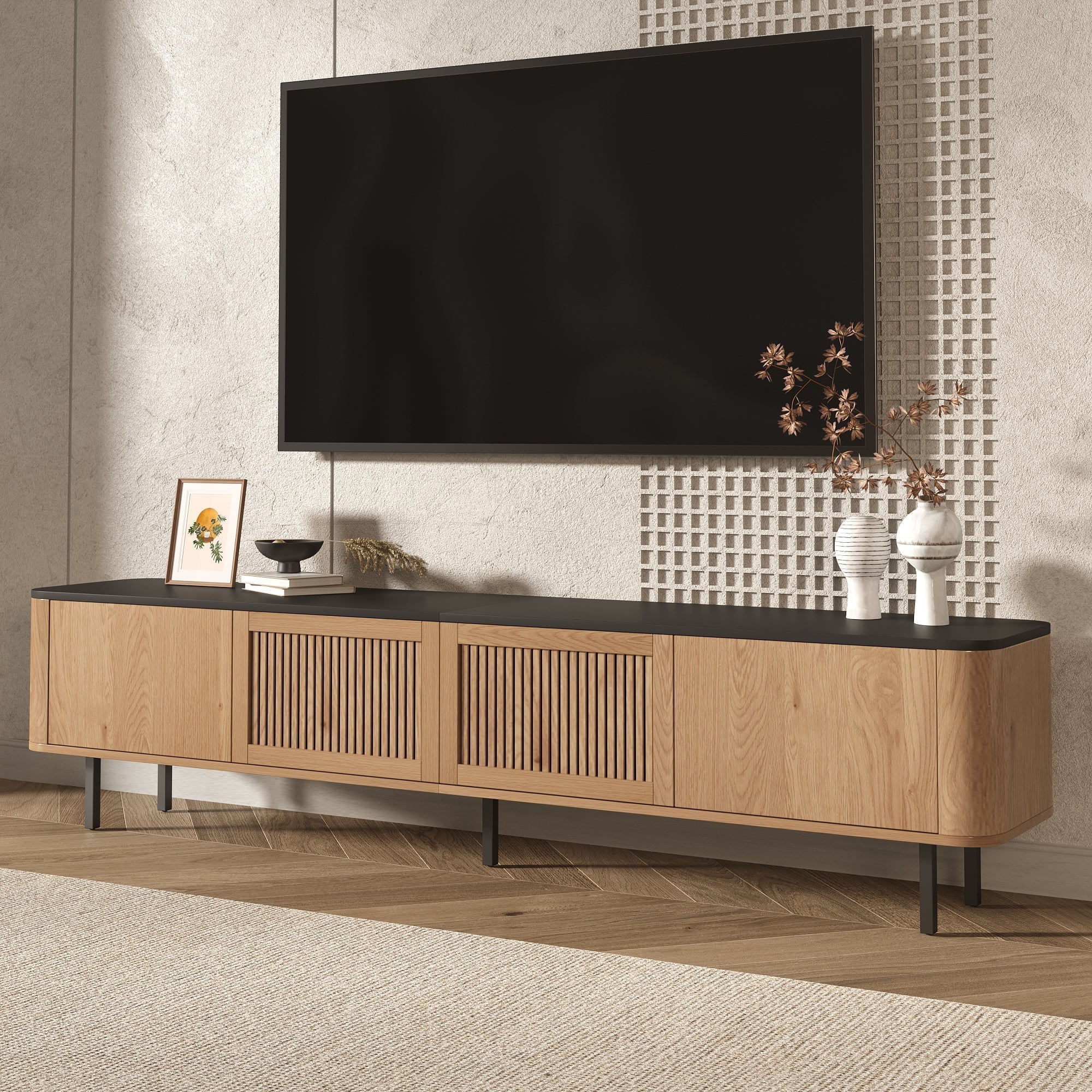 Modern TV Cabinet with Mesh Doors and Storage Compartments, Black and Oak finish