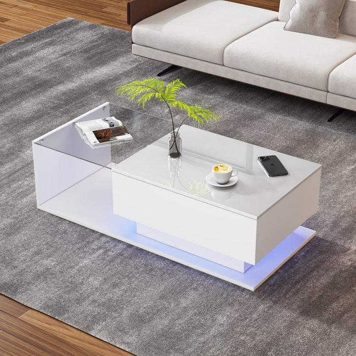 Coffee Table with Glass Top & Drawers, LED Lighting, High-Gloss White