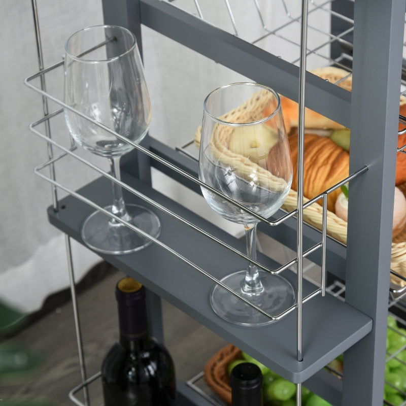 Rolling Kitchen Cart, 4 Basket Drawers Side Racks Wheels, Grey