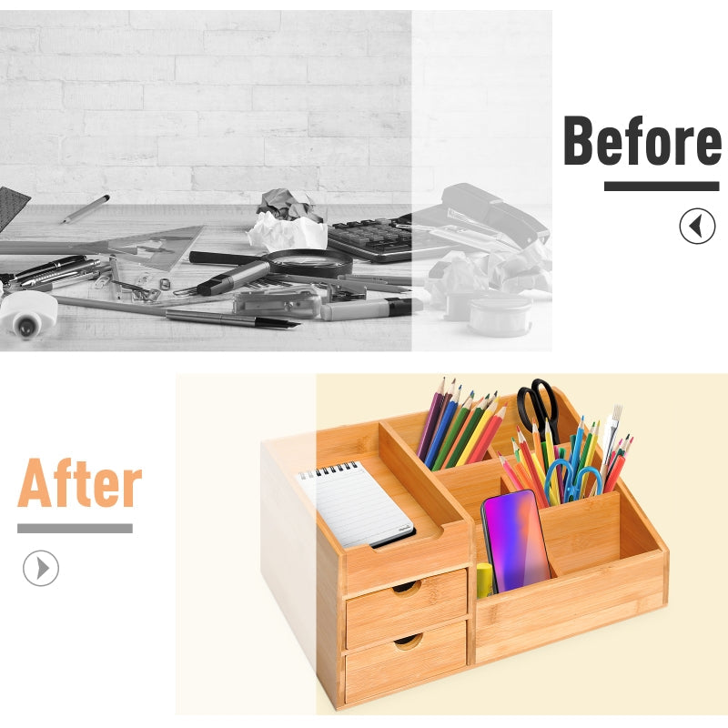Desk Organiser Holder, Multi-Function 7 Compartments 2 Drawers Storage Caddy, Natural Bamboo