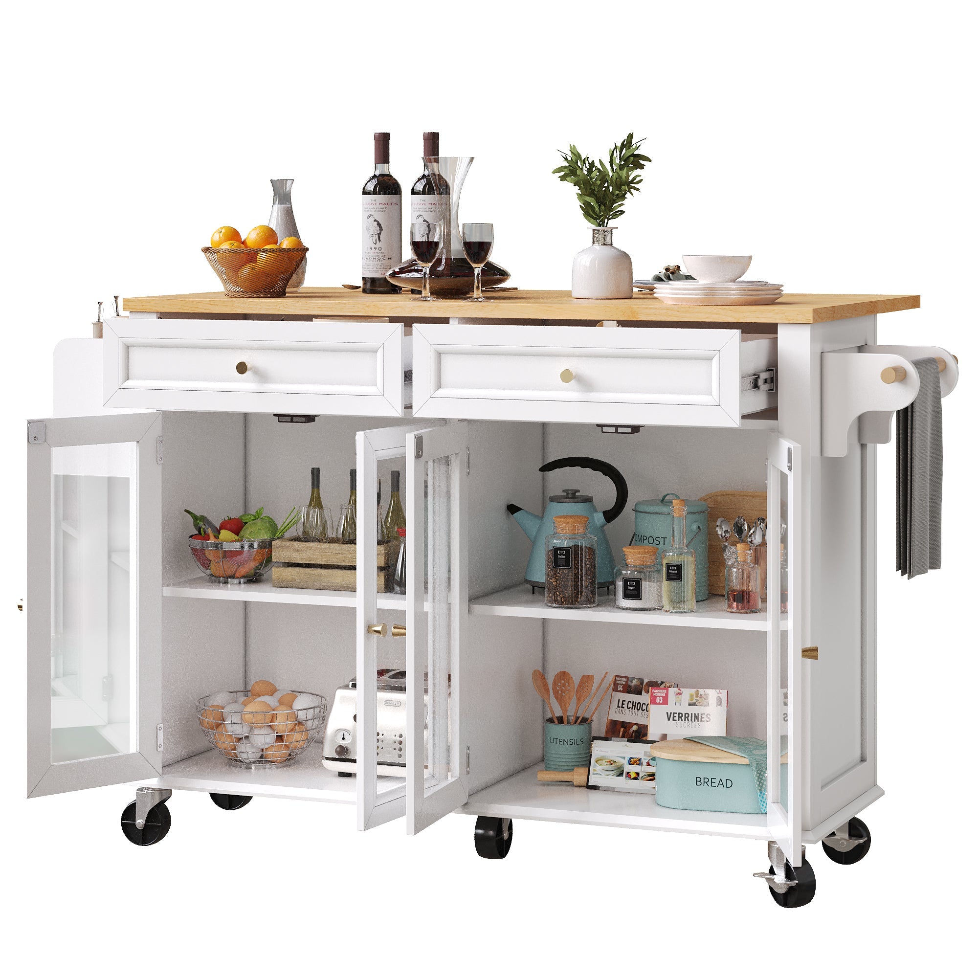 Kitchen Island Multifunctional with Wheels Glass Doors, White