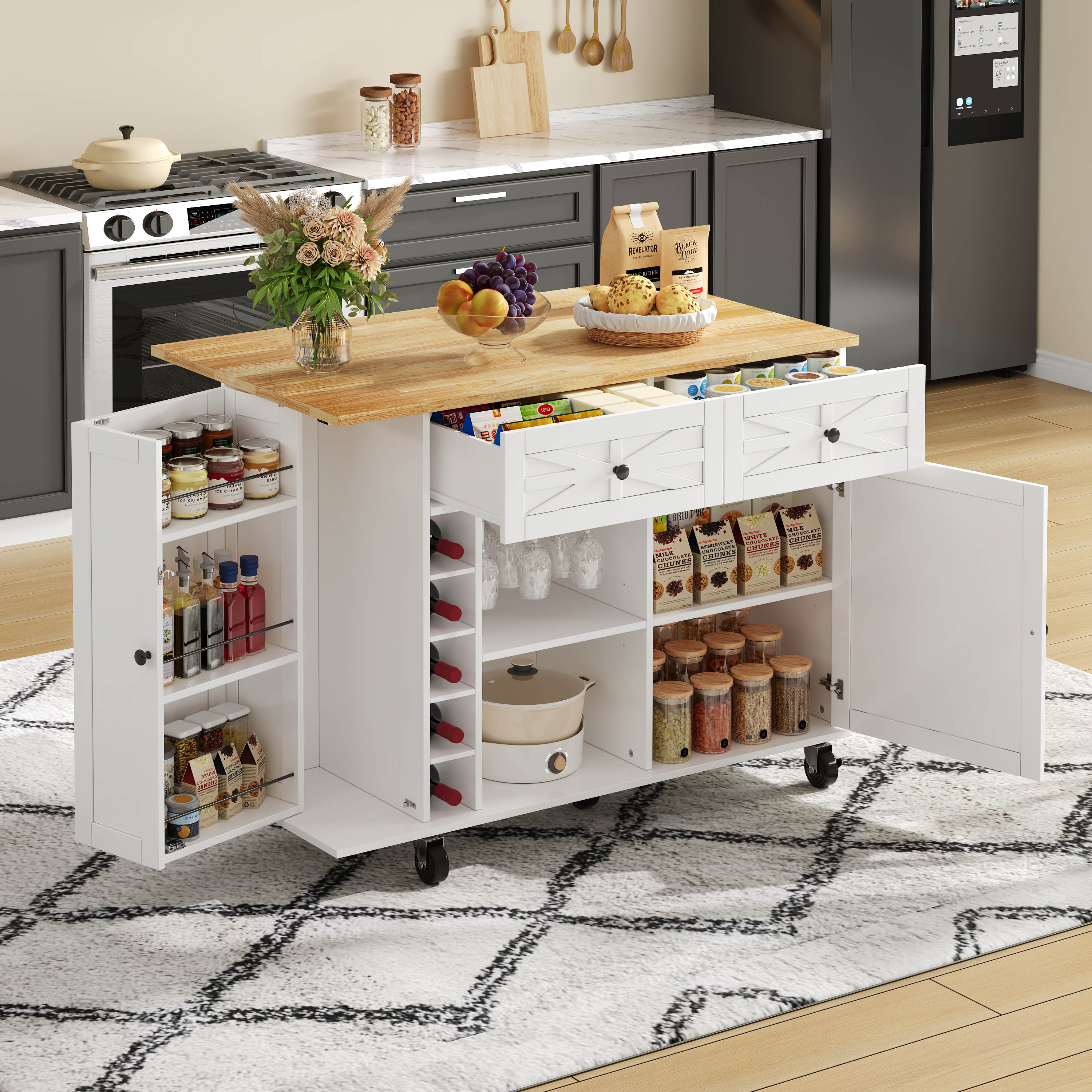 Kitchen Island Fold-Down Worktop Wine Rack Glass Holder 5 Casters - White