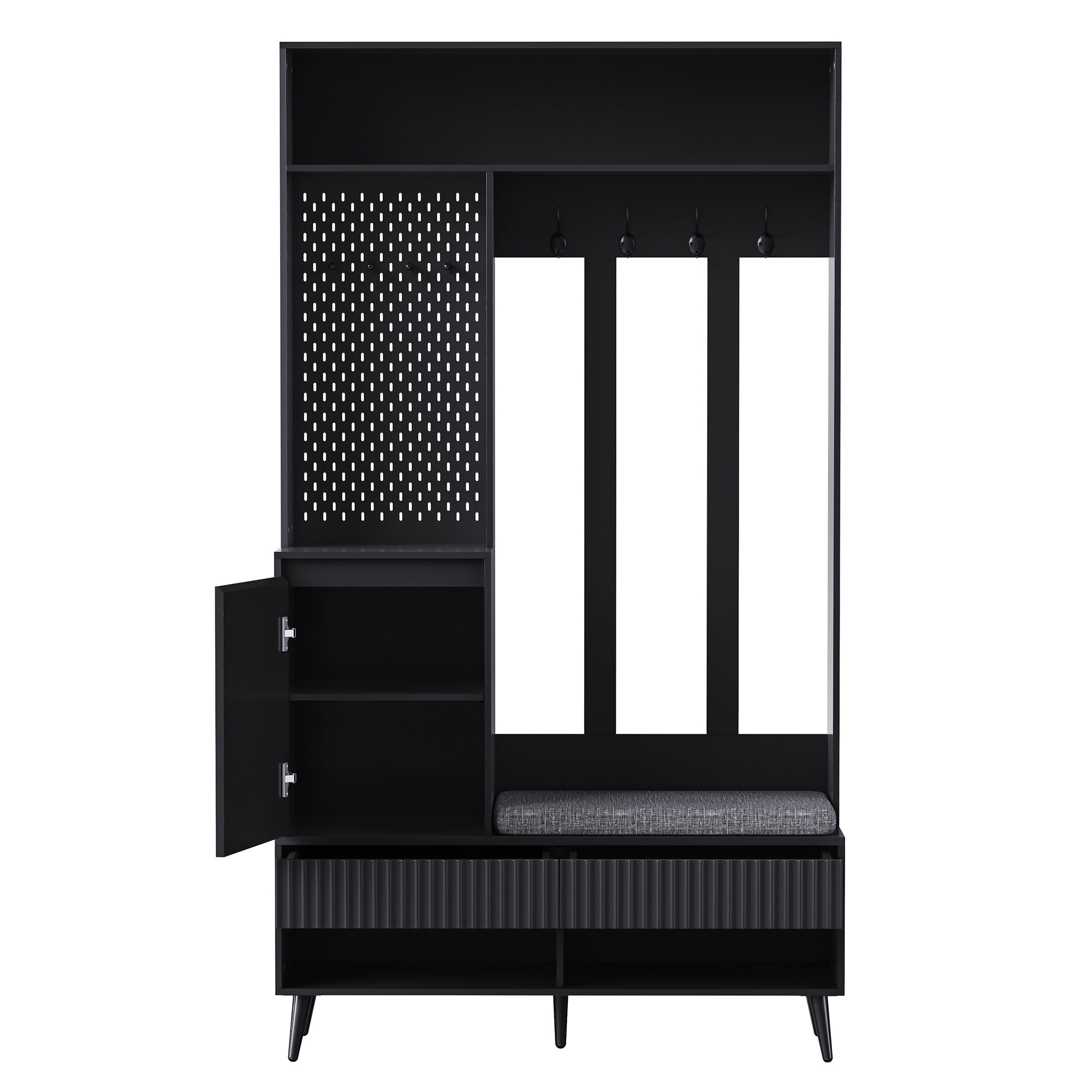 Wardrobe set with shoe bench, 4 coat hooks, two drawers, 1 door, black