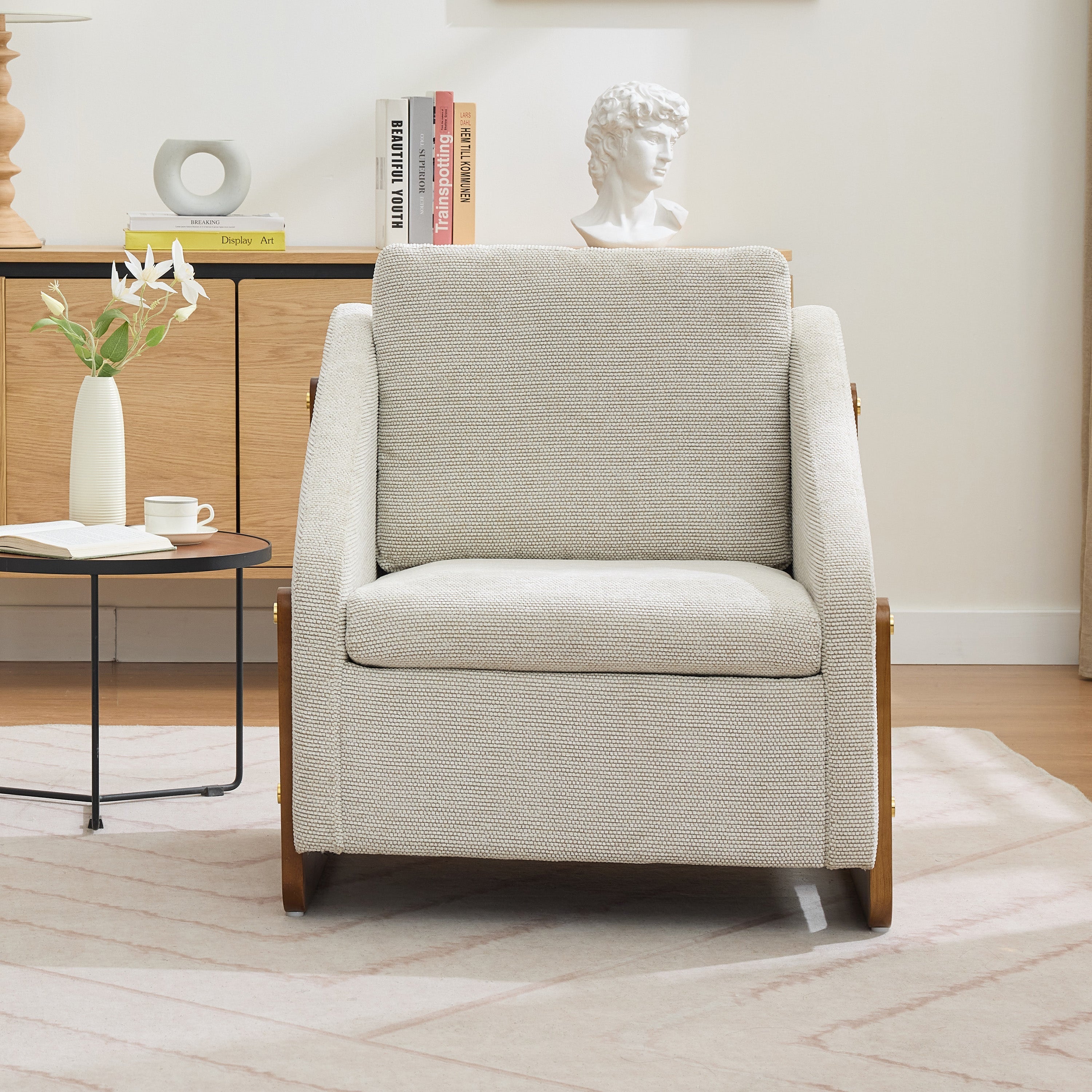 057 Armchair, Living Room Accent Lounge Chair with Wooden Armrests & Back Cushion, Beige Chenille Fabric