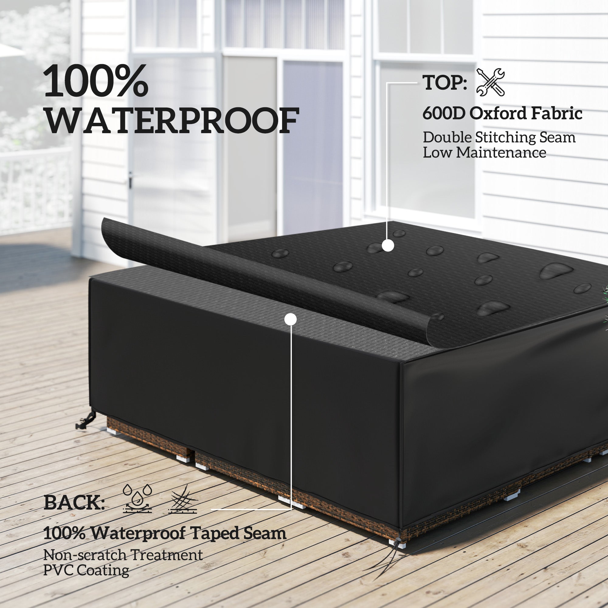 Große Terrassenmöbel Abdeckung Quadratisch Wasserdicht 600D Oxford, Schwarz