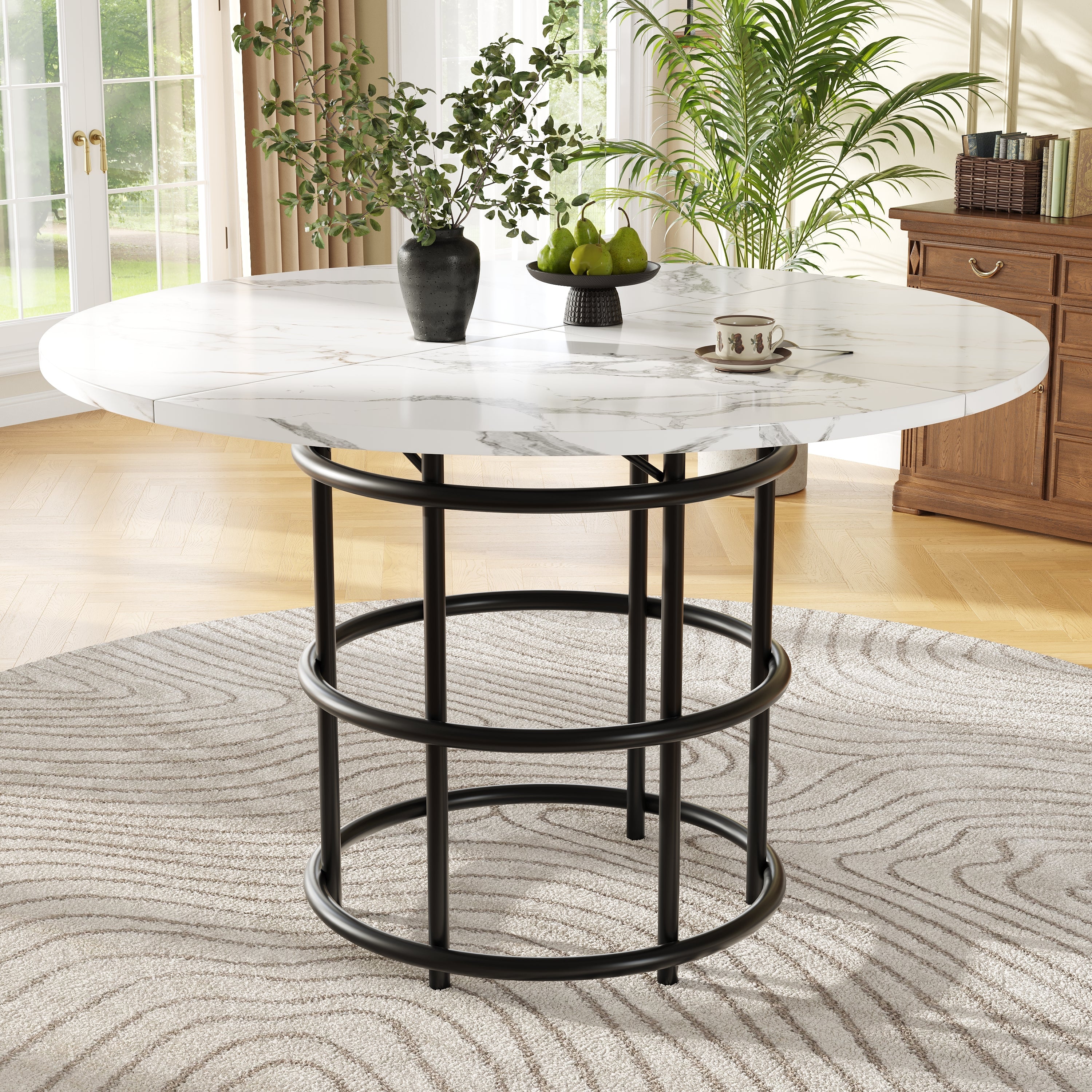 Round Dining Table 100x100cm 4-6 Seater Marbled MDF Metal Legs - Black