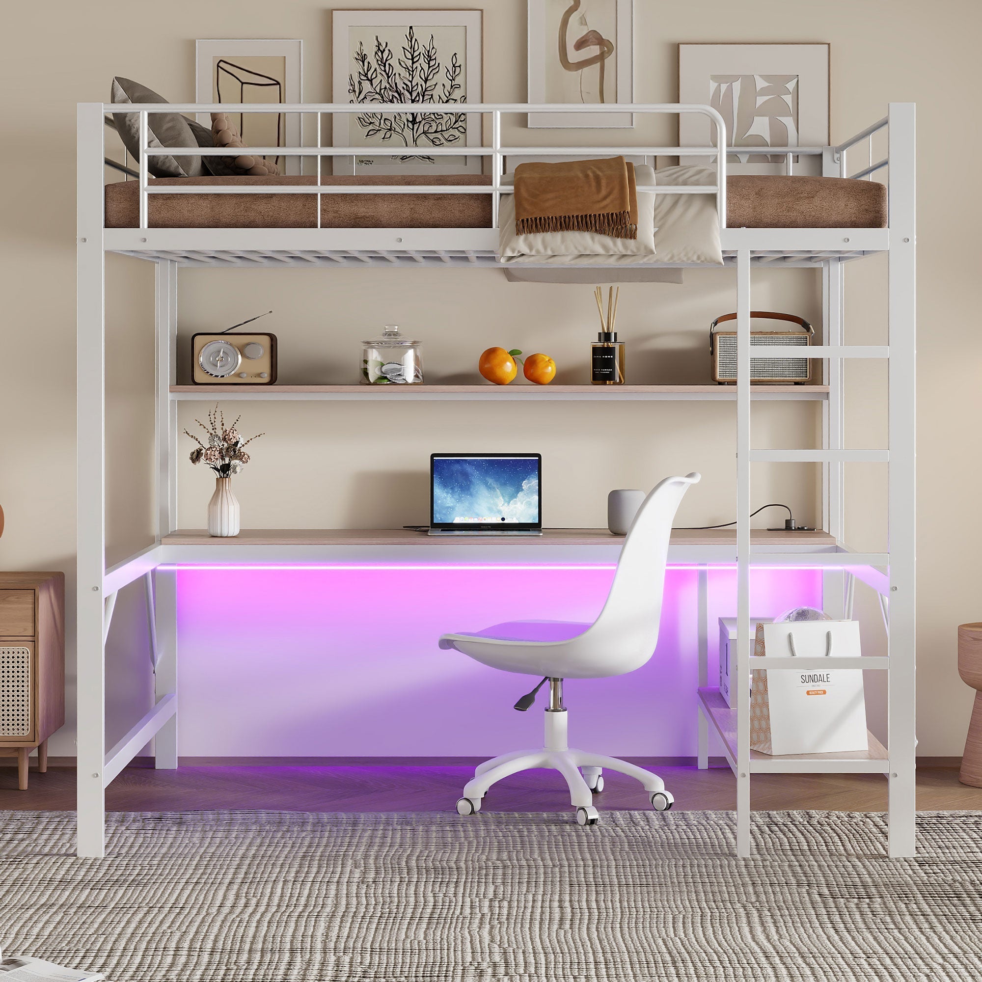 Loft Bed 140x200cm Desk Shelf LED USB/Power Outlet - White Metal