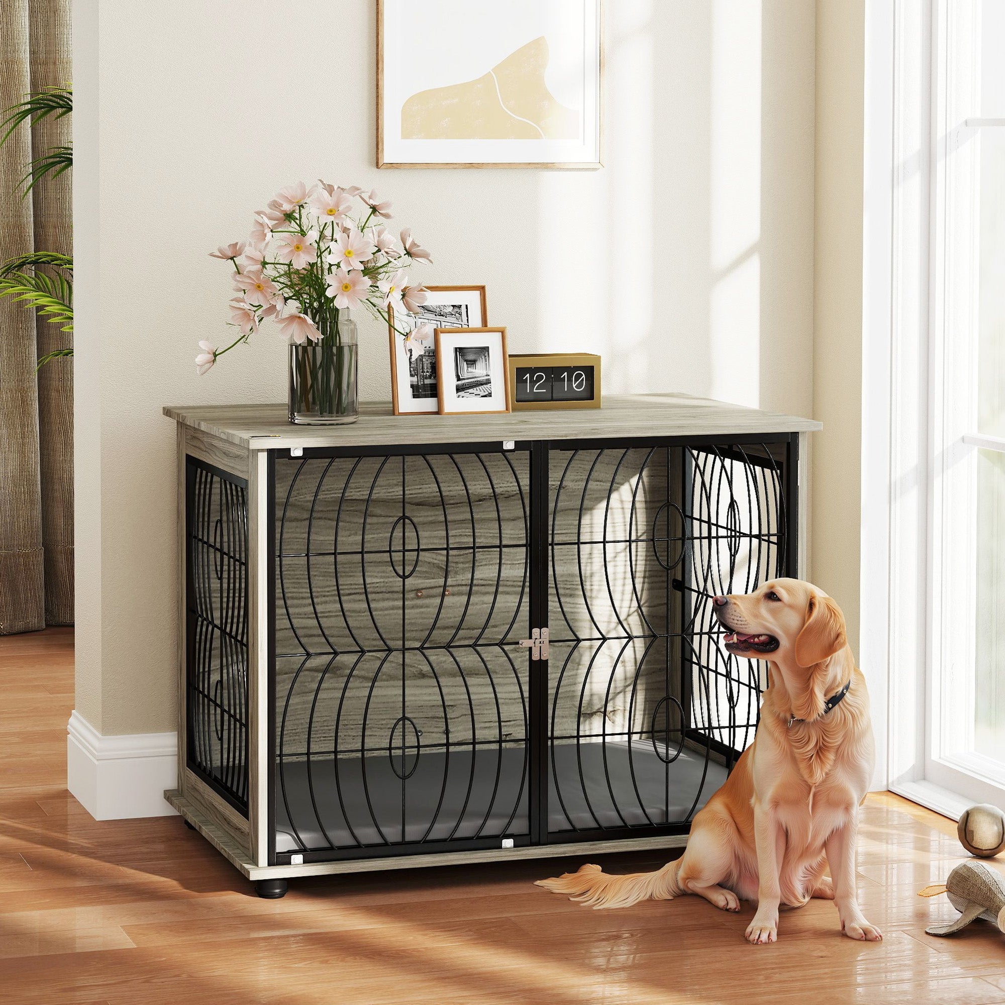 Dog Cage, Kennel, Indoor Pet Crate with Cushion, Large, Gray