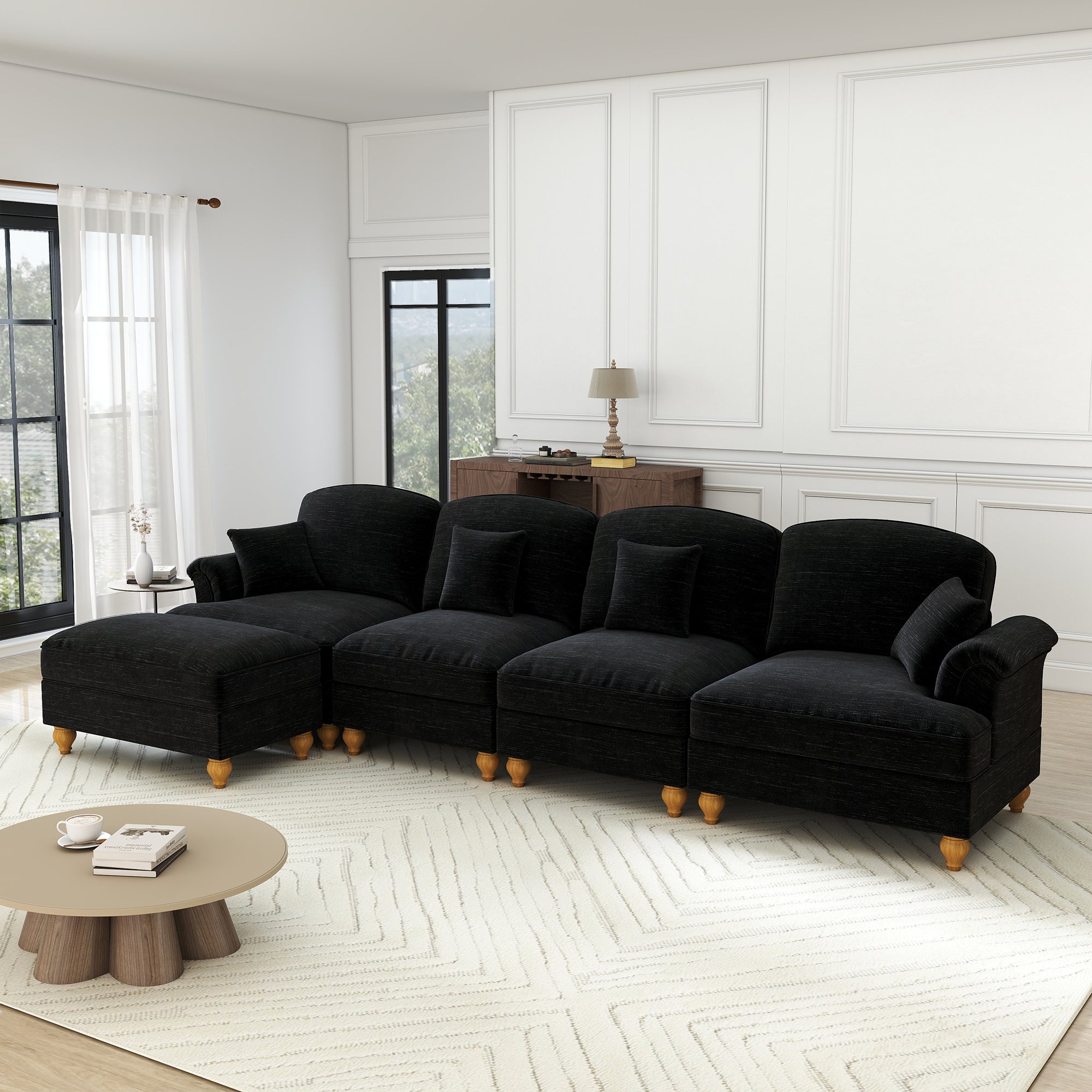 Classic L-Shaped Modular Sofa 4-Seater Movable Ottoman - Chenille Black