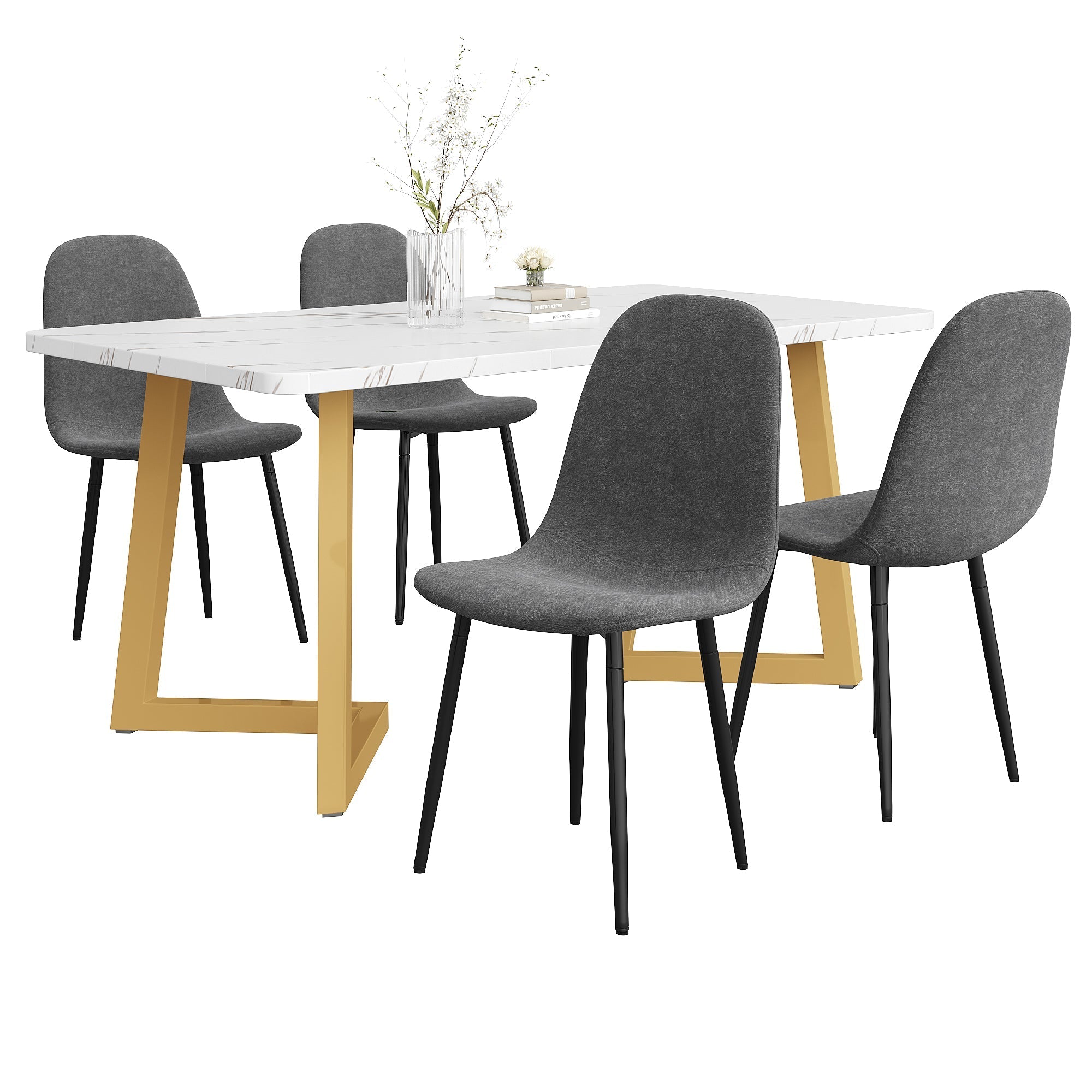 5-Piece Dining Set Modern Kitchen Table with 4 Chairs, Grey Linen & Gold