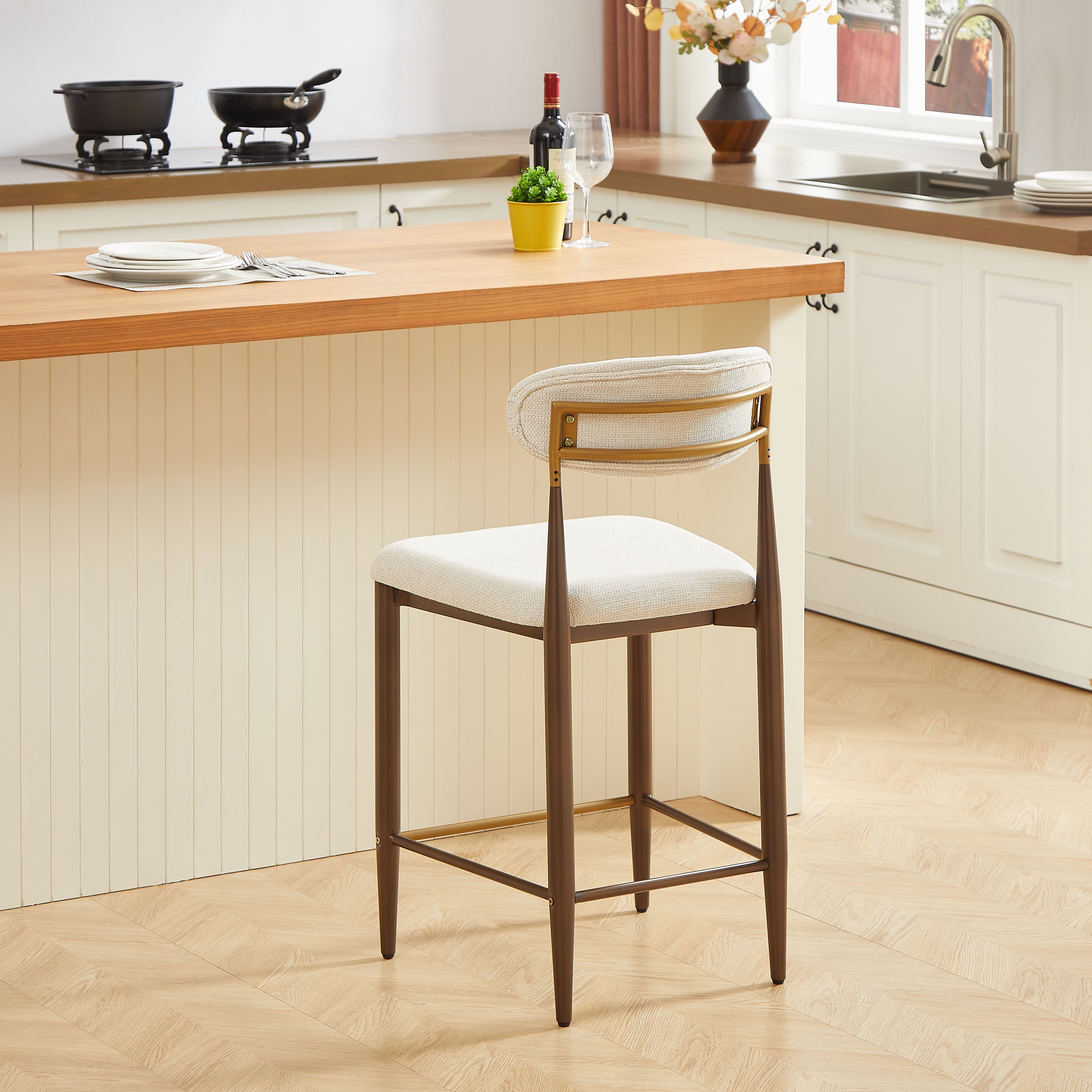 Set of 2 Bar Stools Counter Height French Country Retro - Cream Fabric