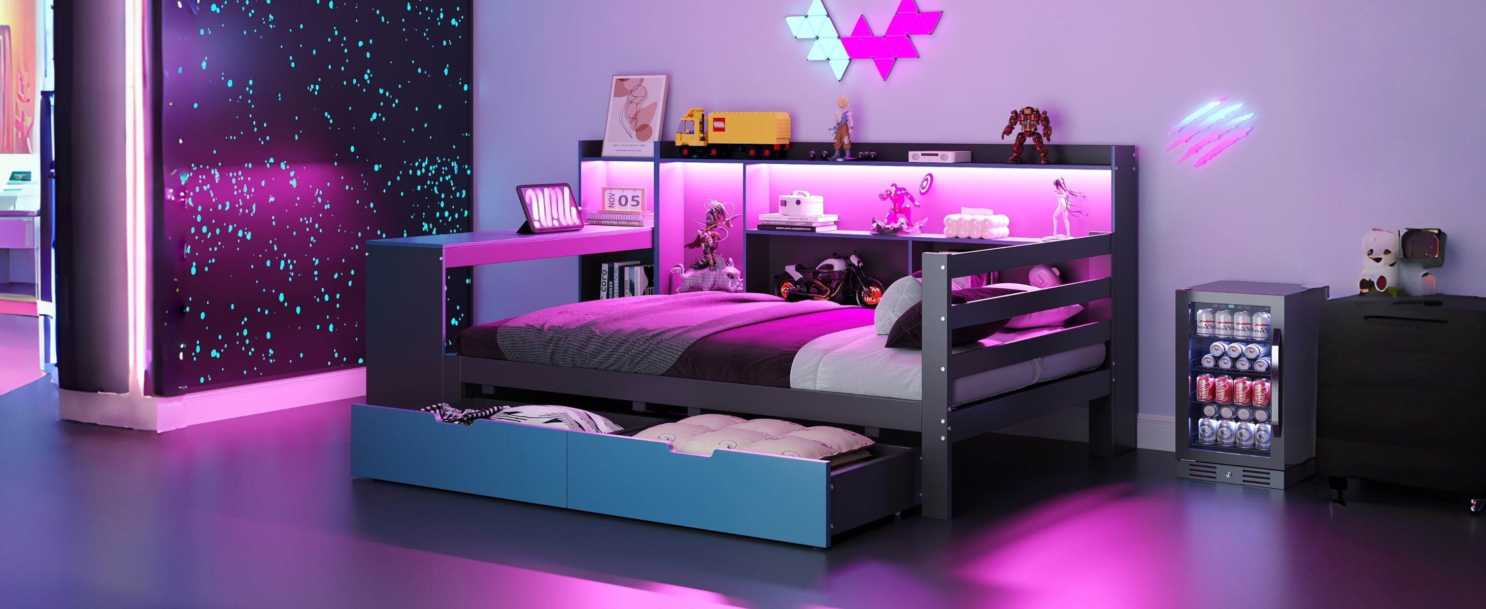 Multifunctional Wooden Sofa Bed with Desk, Bookshelf, Storage and Sockets, 90x200cm, Black and Blue