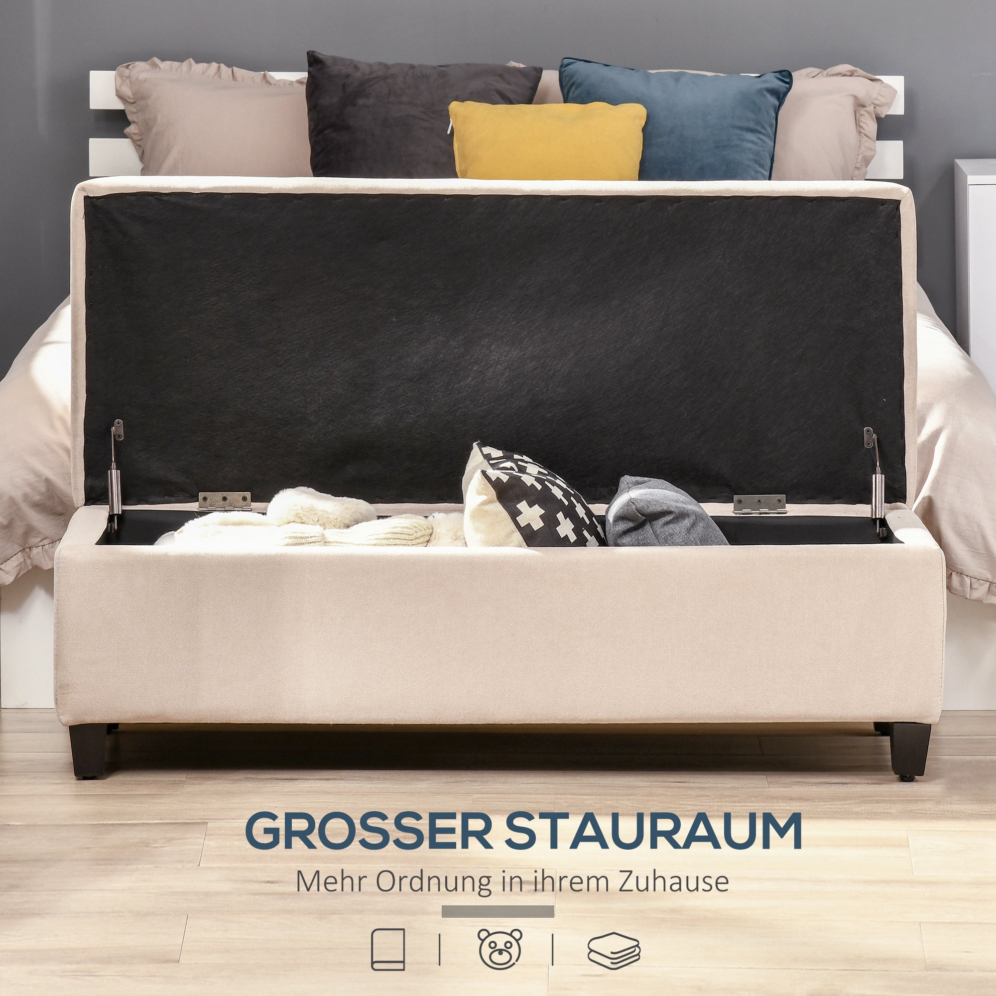 Bench, Upholstered Storage Bed Chest, Linen Beige