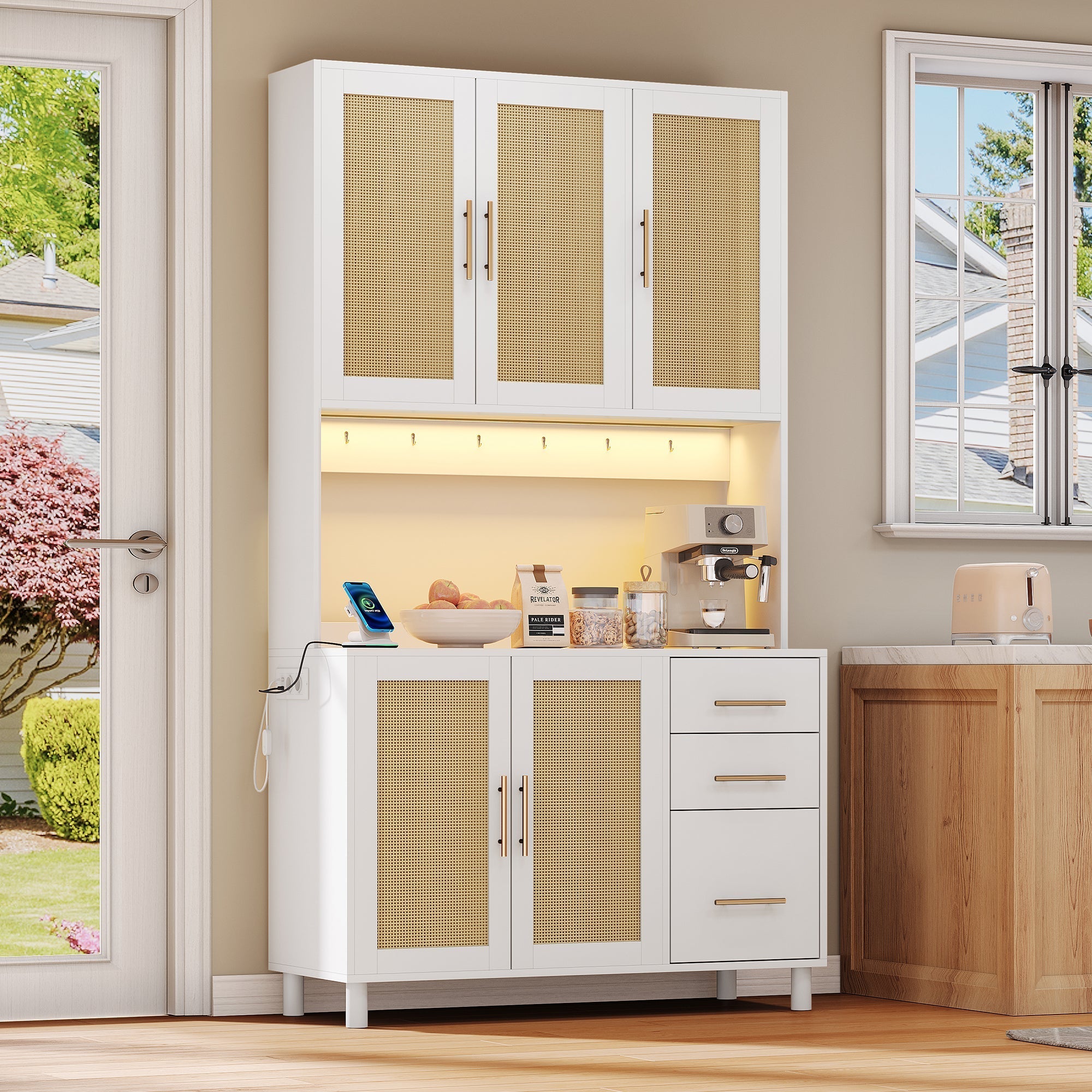 Kitchen Sideboard Buffet 183cm Tall LED USB Sockets 3 Drawers Gold Handles