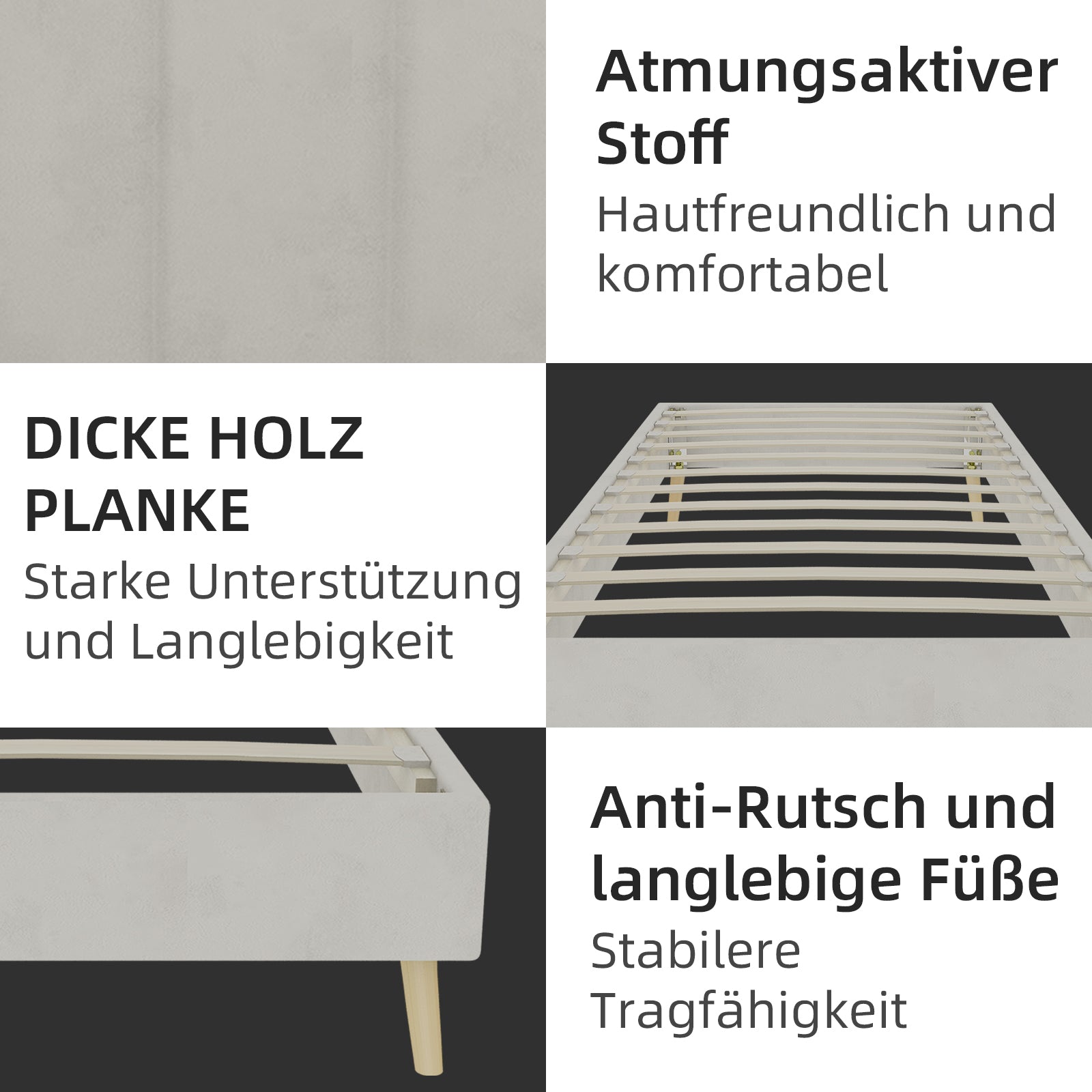 Modernes minimalistisches Bettgestell, 90x200 cm flaches Gestell, beiger holländischer Samt