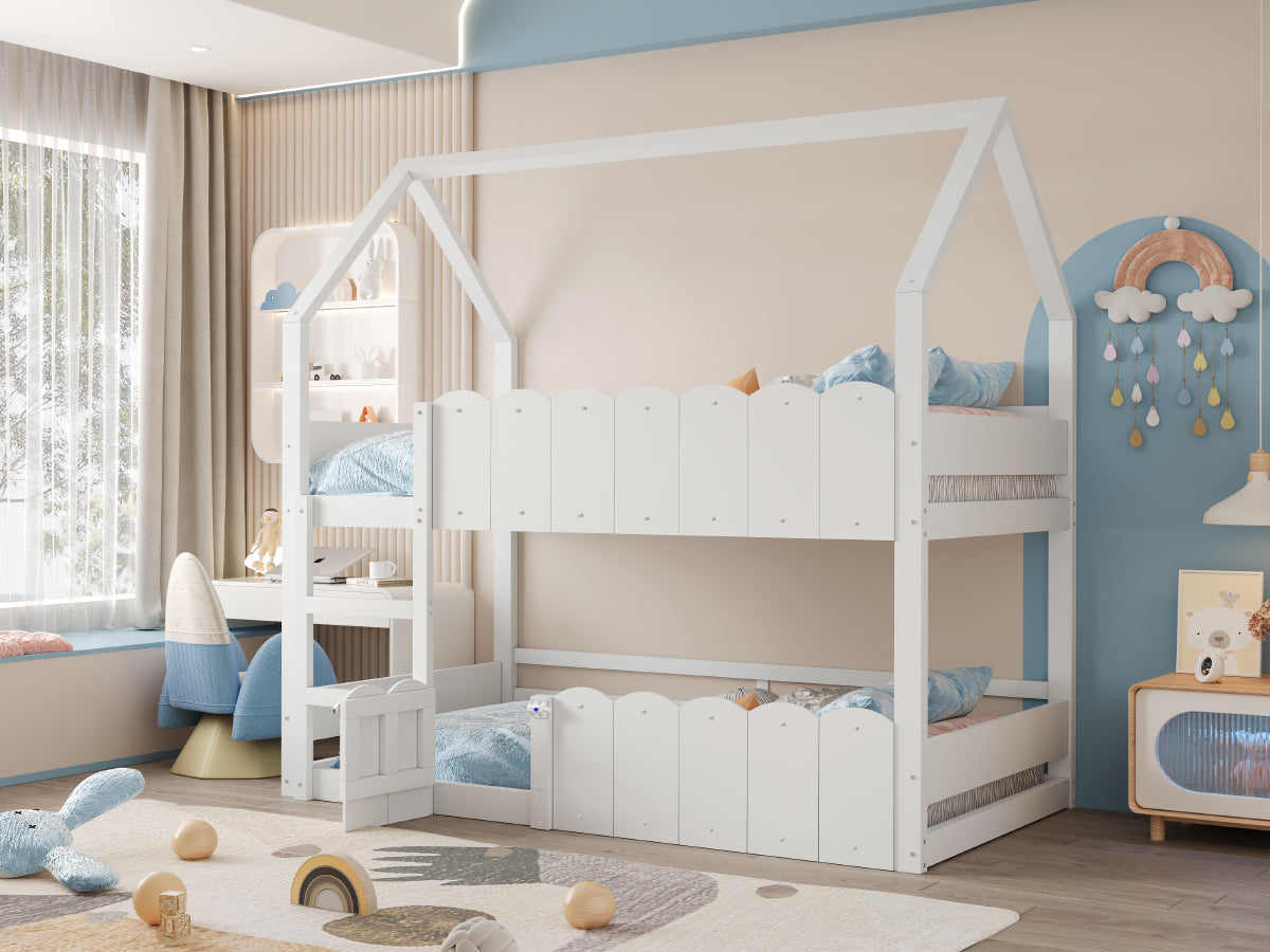 Children's Bunk Bed 90x200cm House Design Slatted Base White