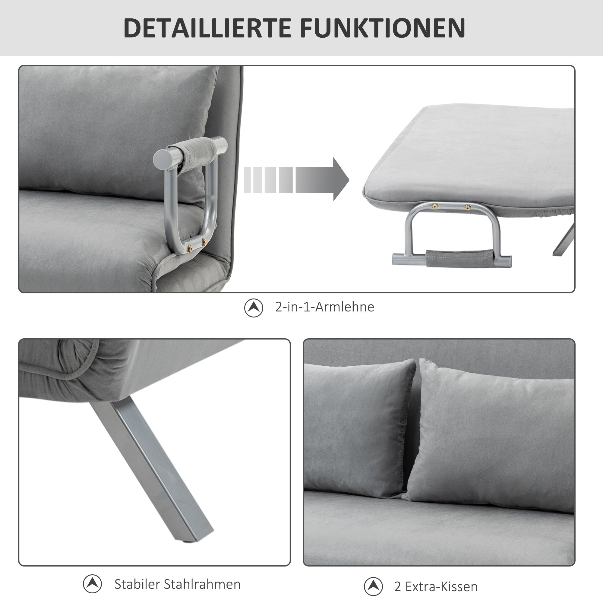 Sleeper Sofa Two-Seater Adjustable Bed Function Cushions, Light Grey