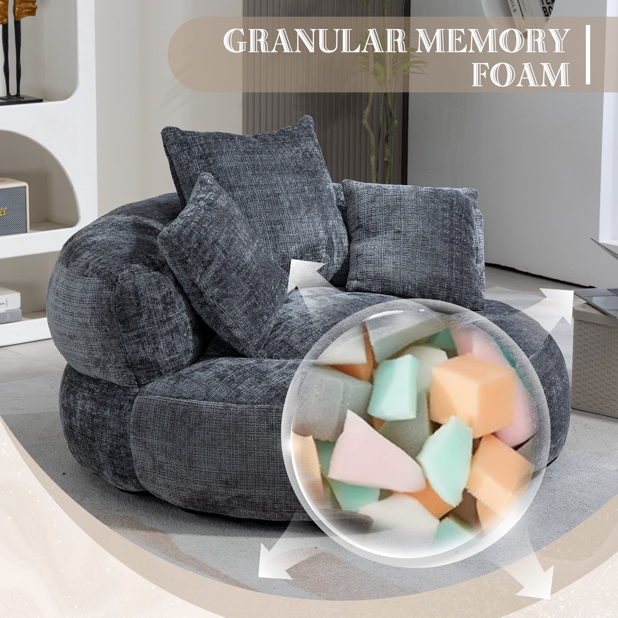 COOLMORE Lazy Sofa Durable Comfort Lounger High Back Bean Bag Chair Couch with Three Pillows, Gray Chenille