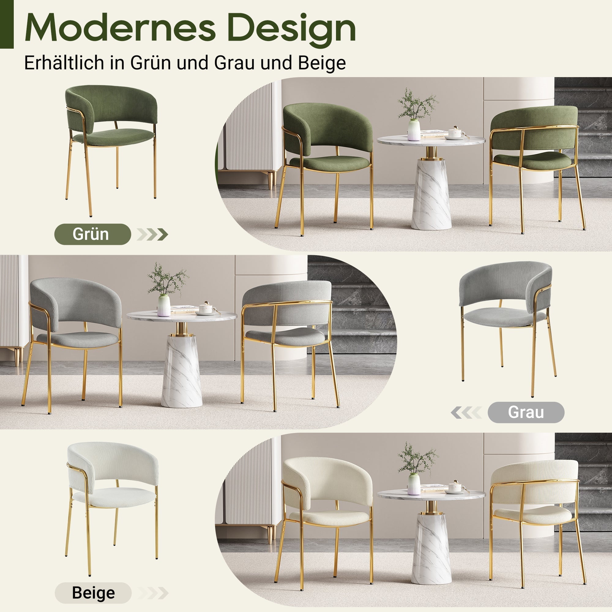 Modern Chairs Set of 6 with Angled Legs and Adjustable Feet, Green Corduroy