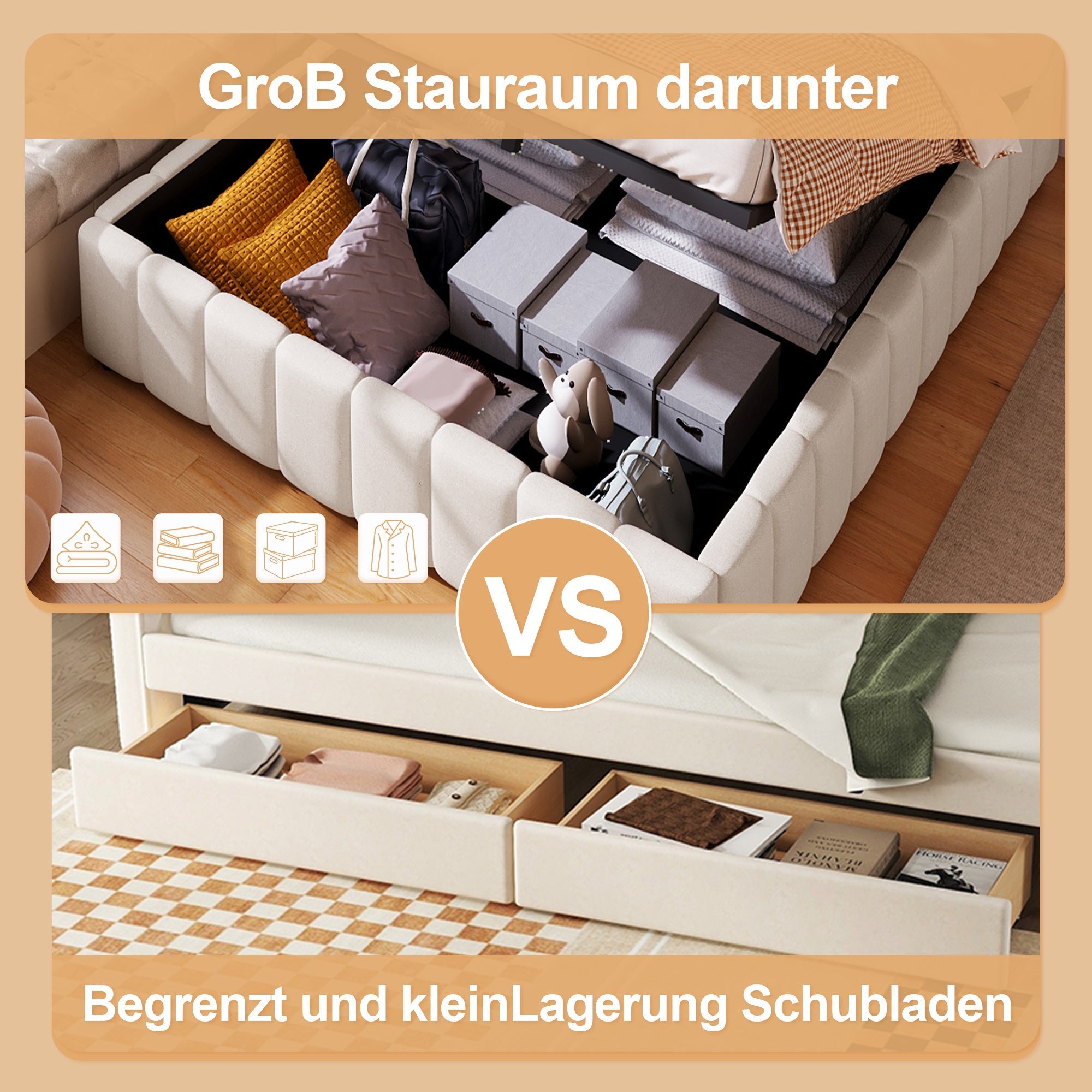 Upholstered Bed with Hydraulic Storage and No Headboard, 140x200cm, Beige