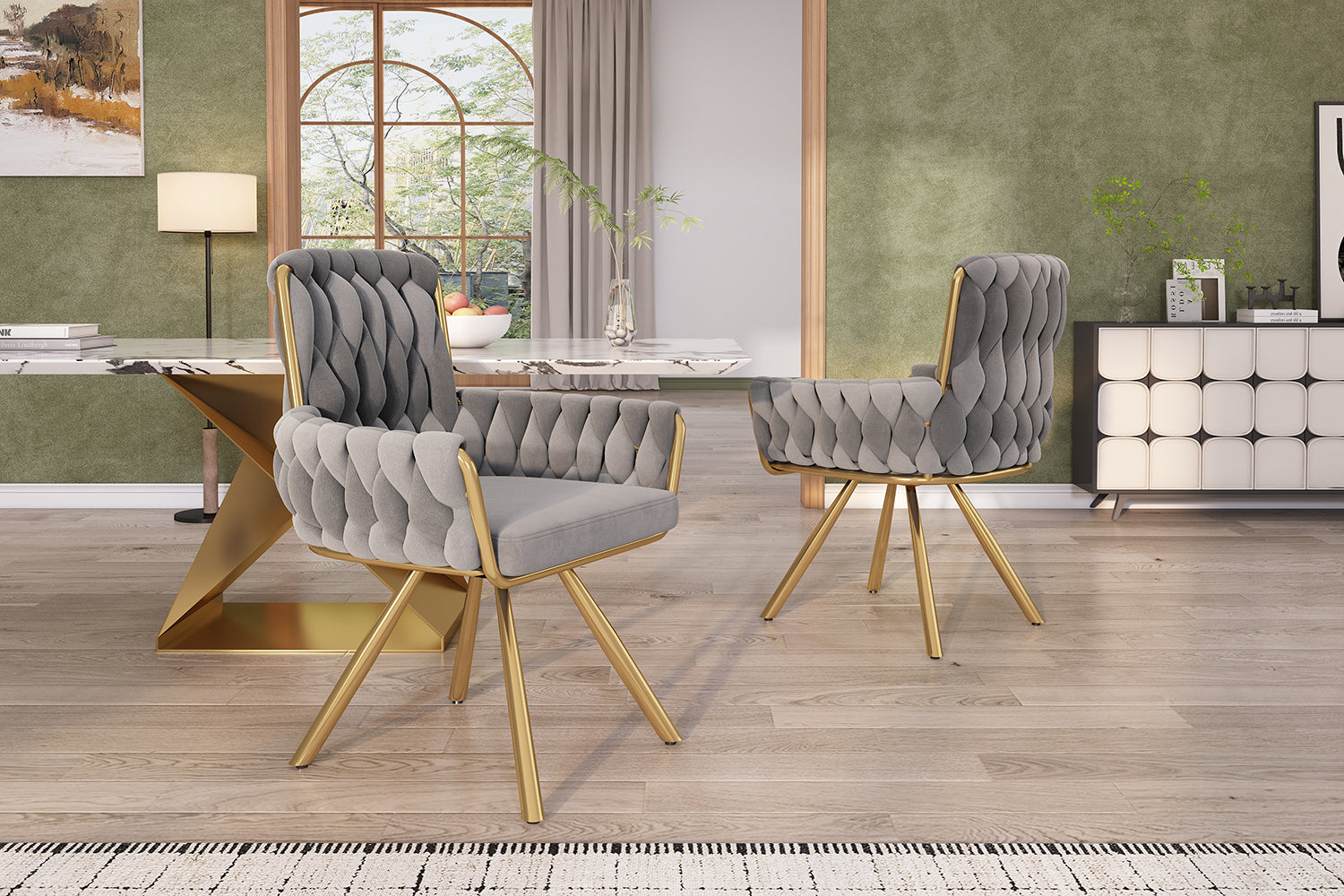 Velvet Dining Chair Set of 2 Swivel Armchair Metal Legs Grey