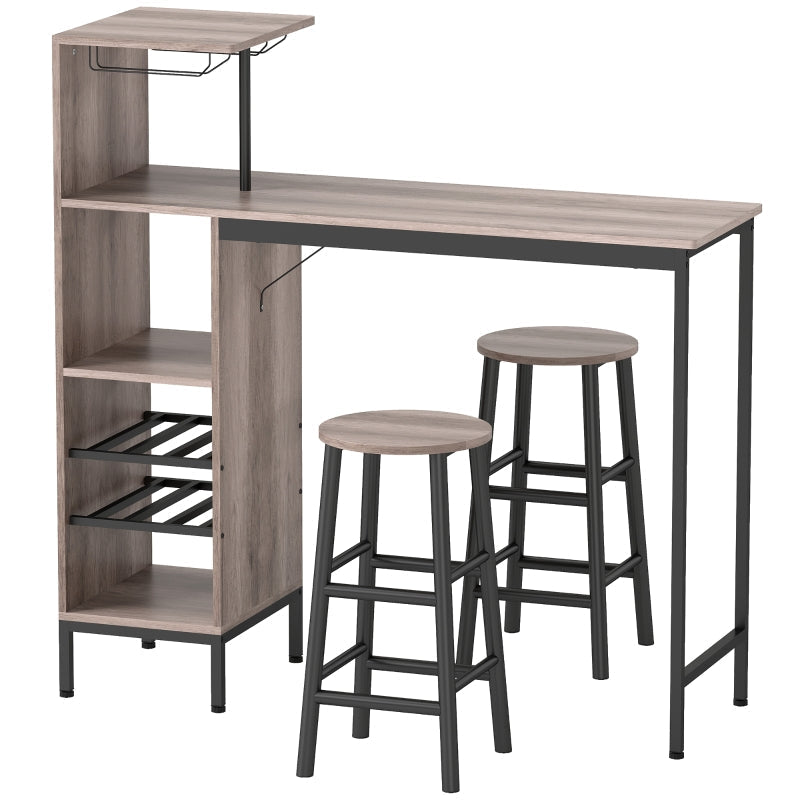 3-Piece Bar Table Set, Storage Wine Racks Footrest Stools, Grey