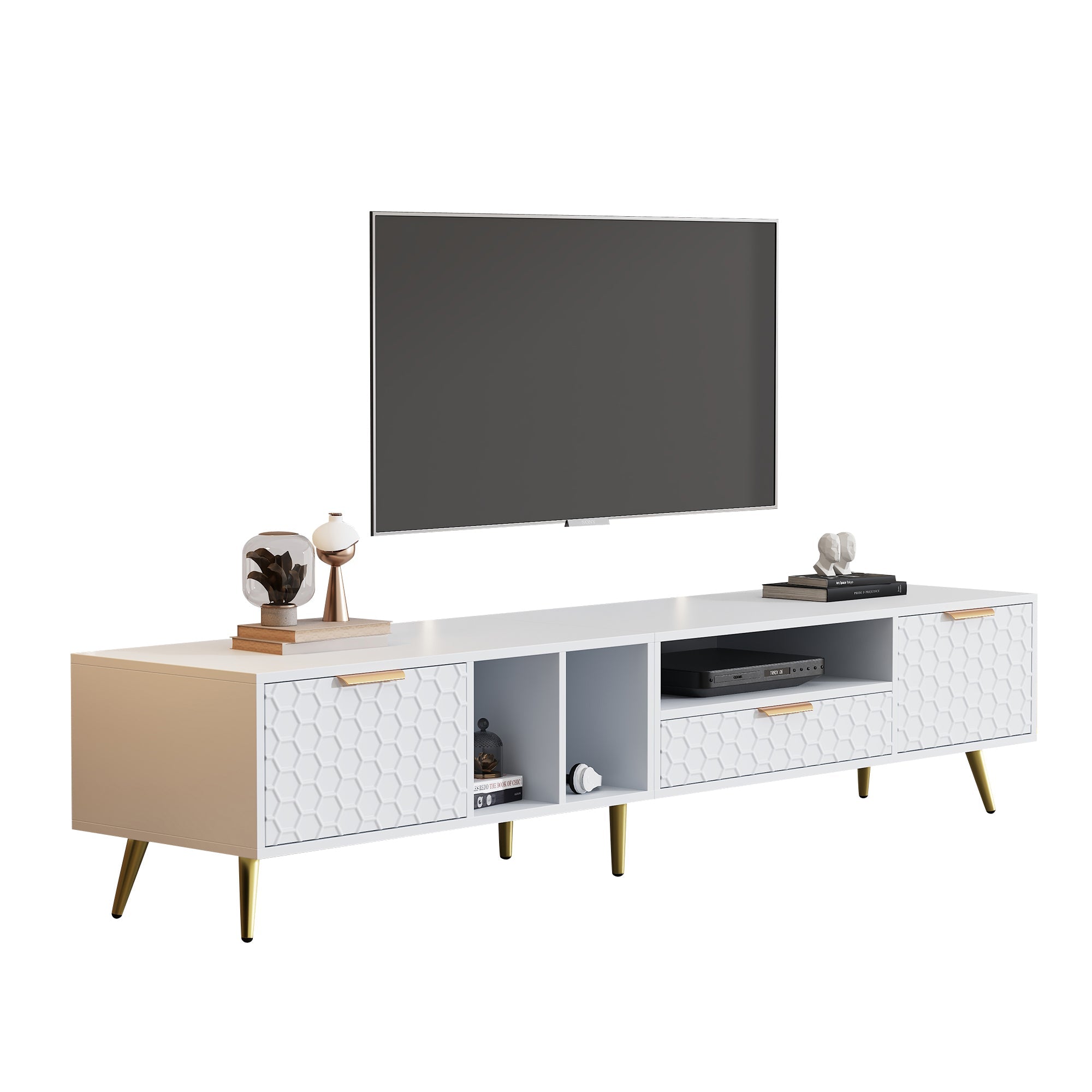 TV Stand, Vertical Honeycomb Pattern, 80-Inch TV, White
