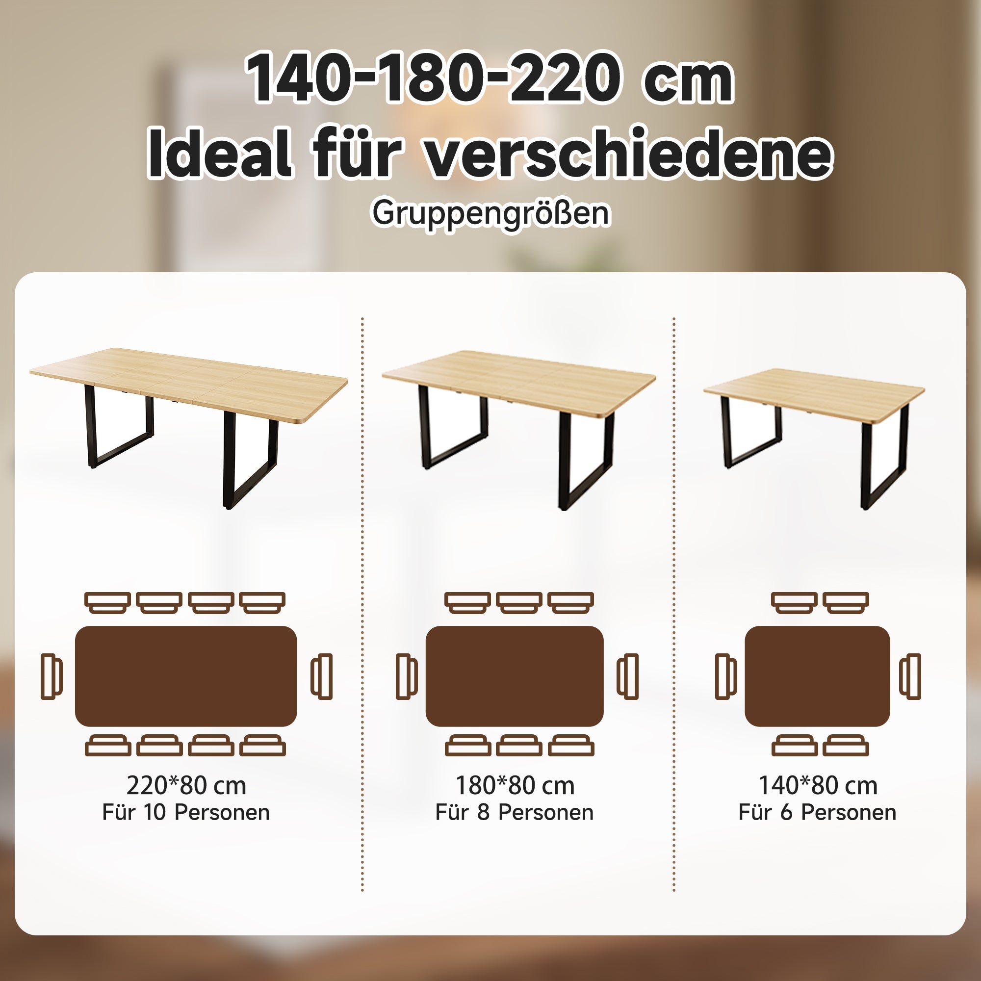Extendable Dining Table 3 Lengths 140/180/220x80cm for 6-10 People Metal Legs Oak