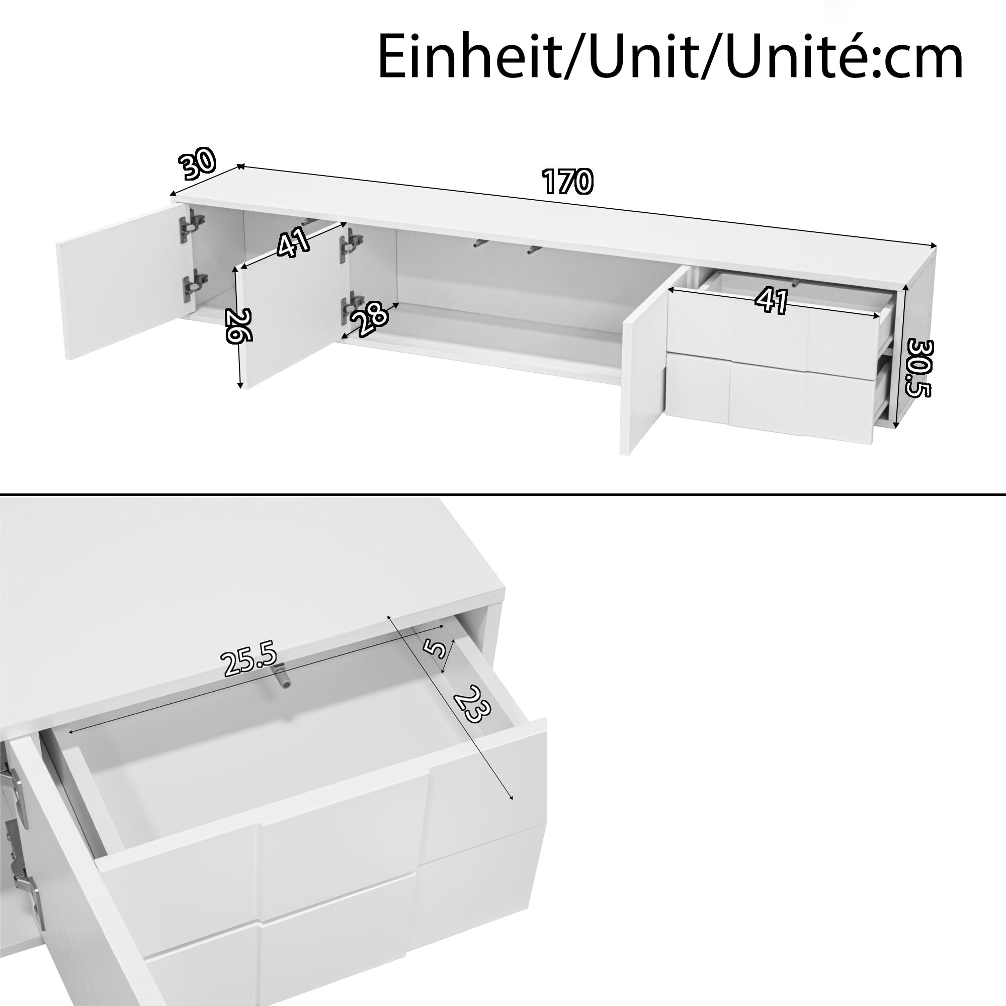 Modern TV Stand 170cm, Floating/Freestanding, 3 Doors 2 Drawers, High-Gloss White