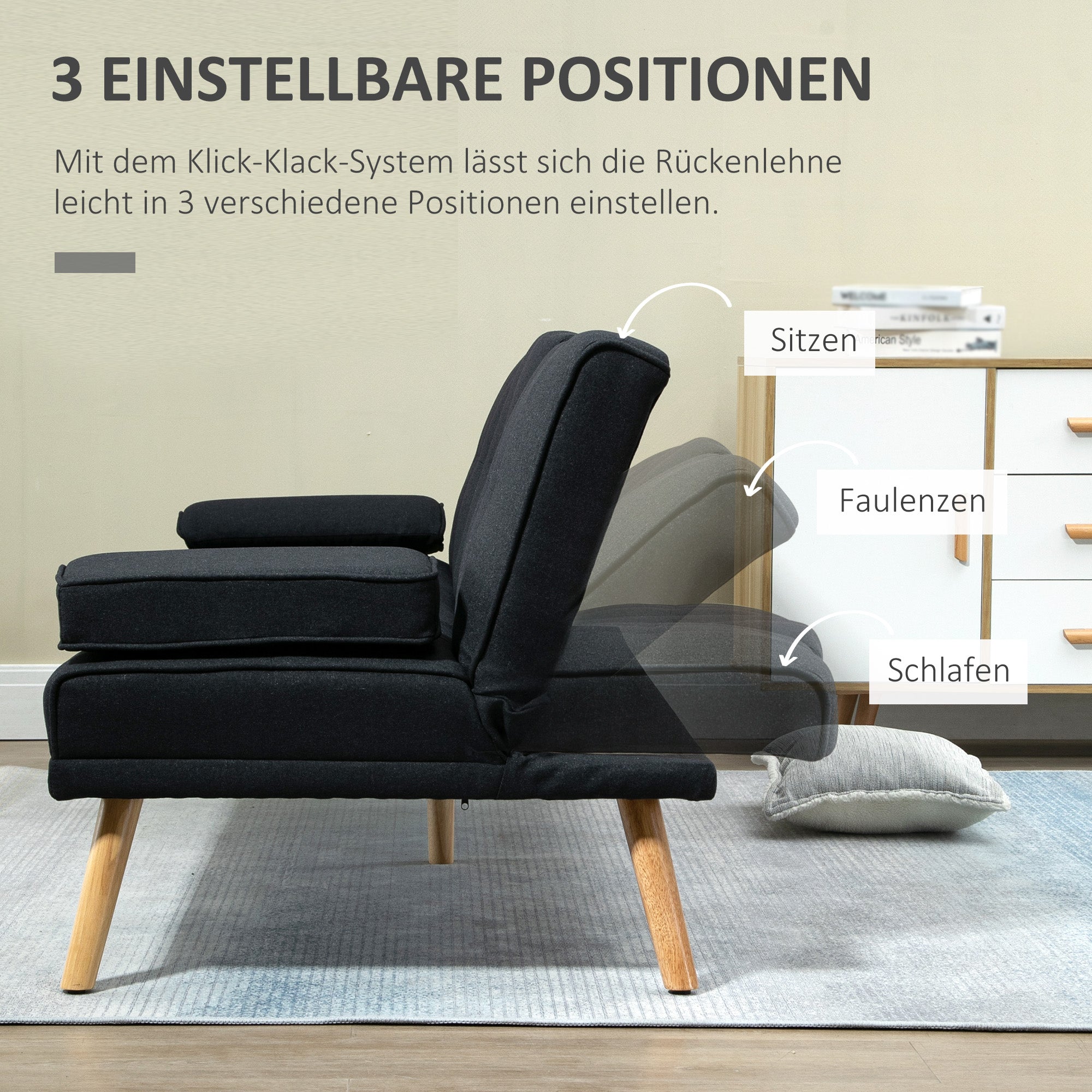 Sofa Bed 3-Seater Fold-Down Table Cup Holder Scandinavian Design Linen Look Grey