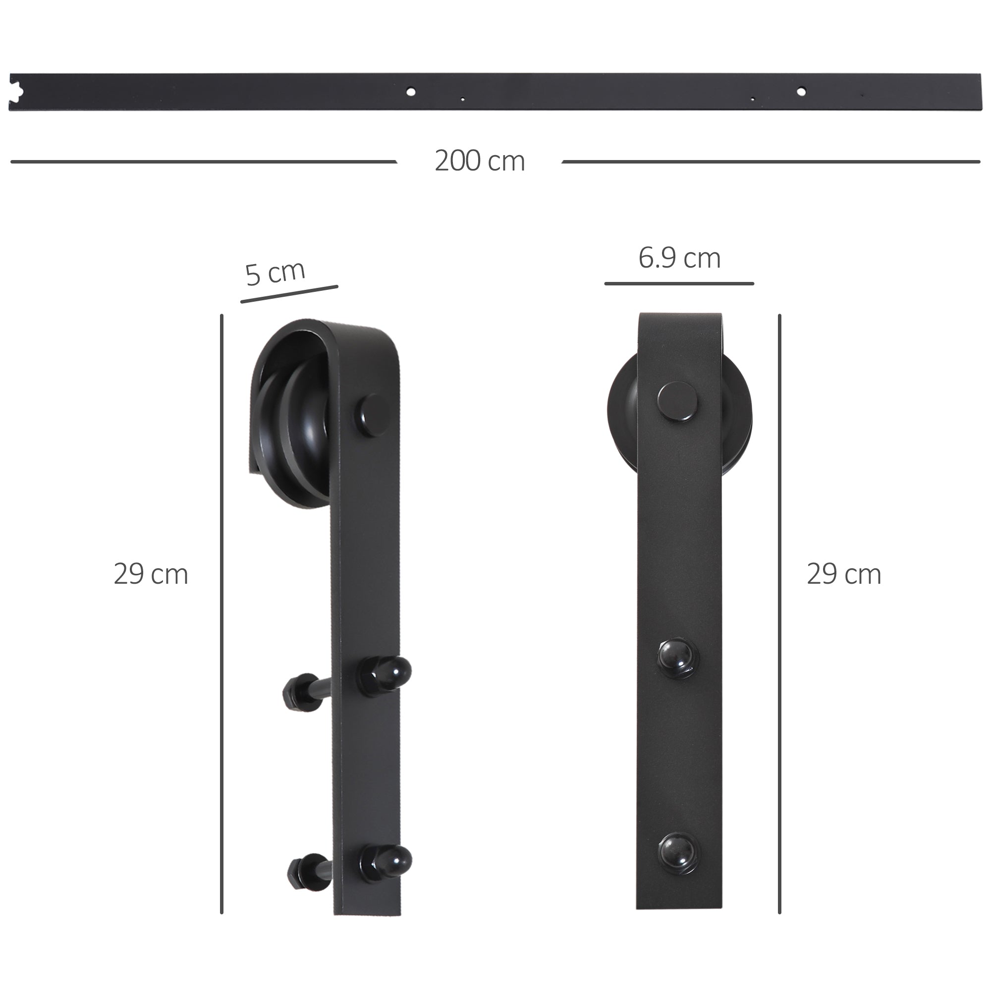 Sliding Door Hardware Kit 200 cm Complete Set Carbon Steel Black