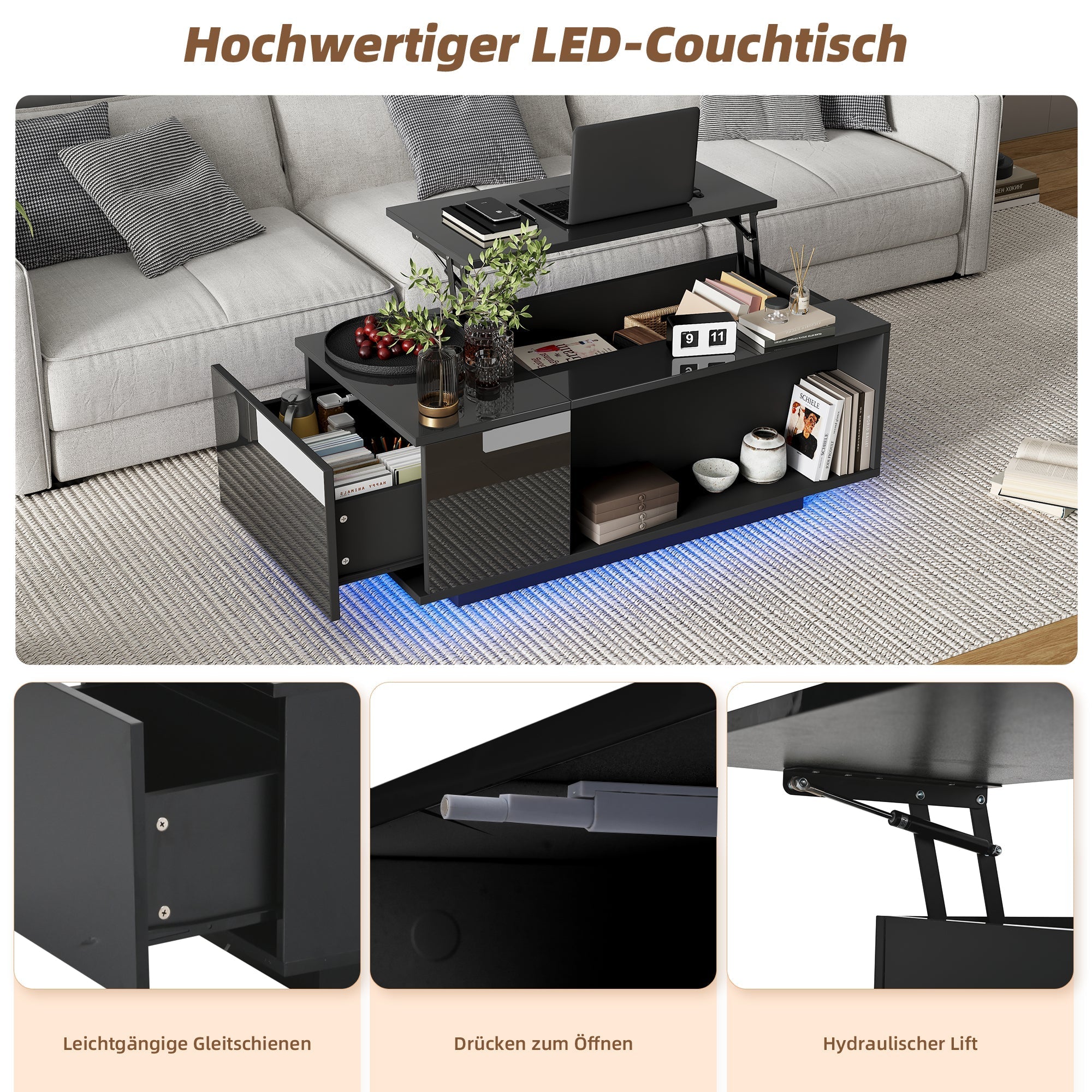Coffee Table, Height-Adjustable with Hidden Storage & LED Light, Black