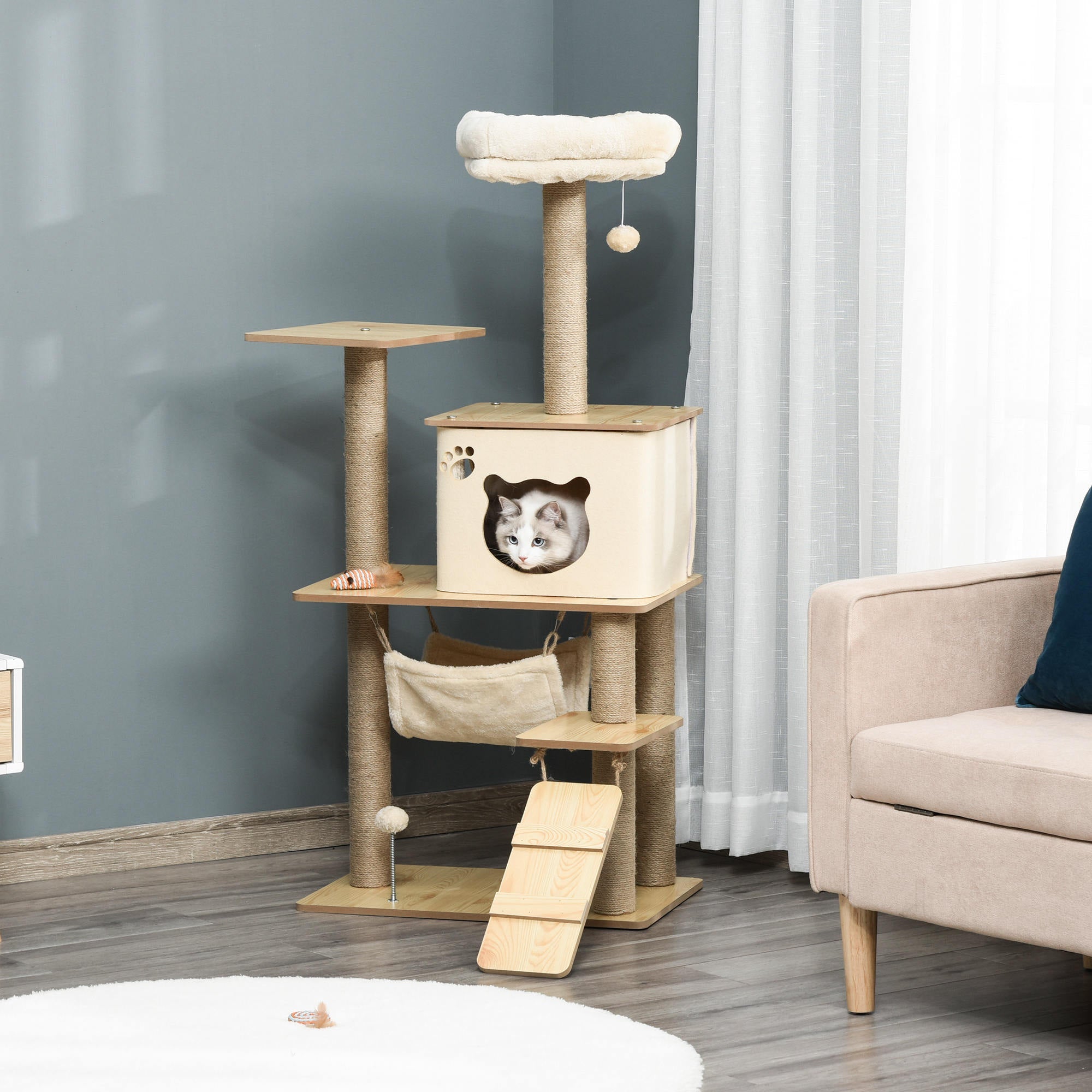 Cat Tree Wood with Climbing & Cave, Jute Posts, 60x40x130cm, Yellow