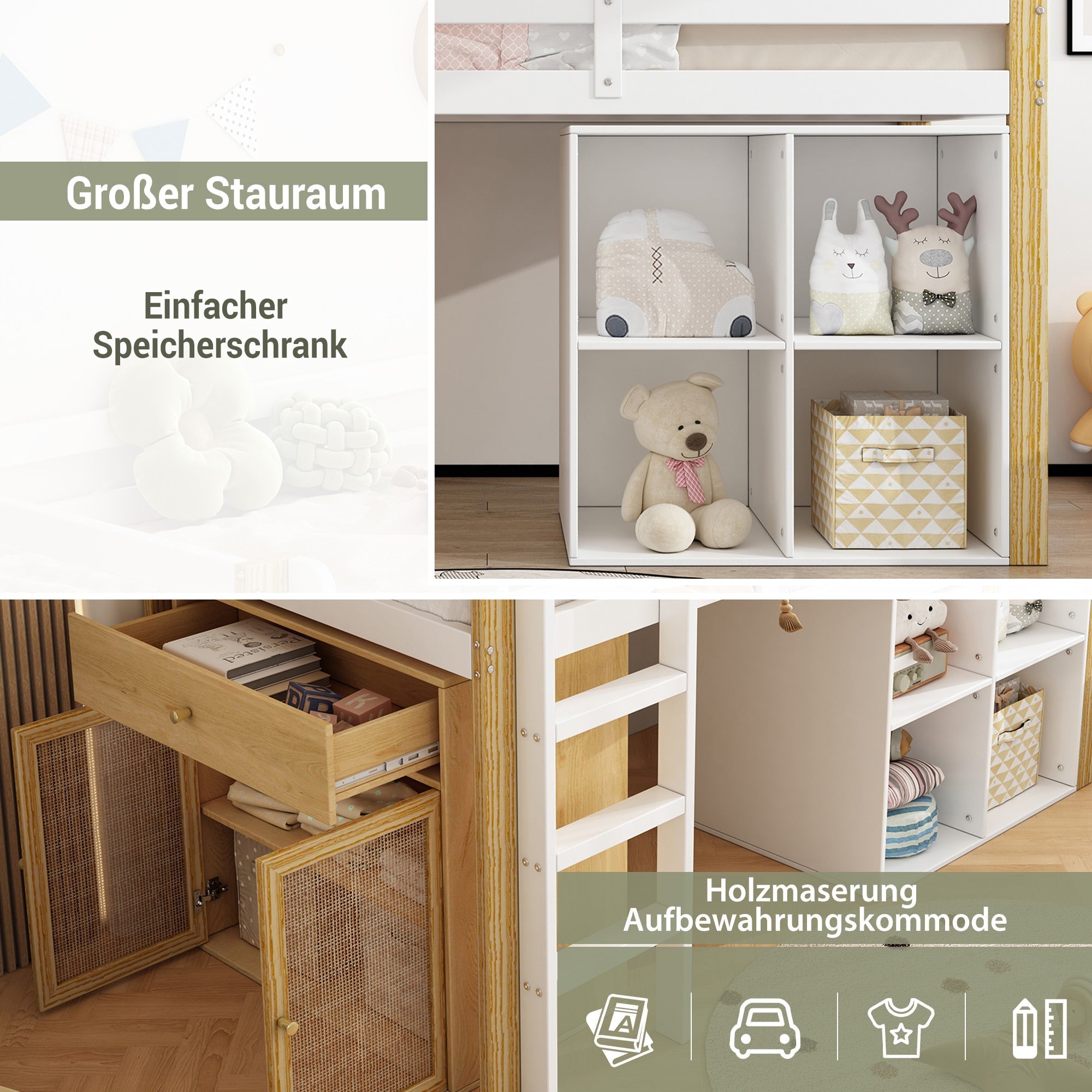 Children's Loft Bed with 2 Storage Cabinets and Ladder, Natural and White