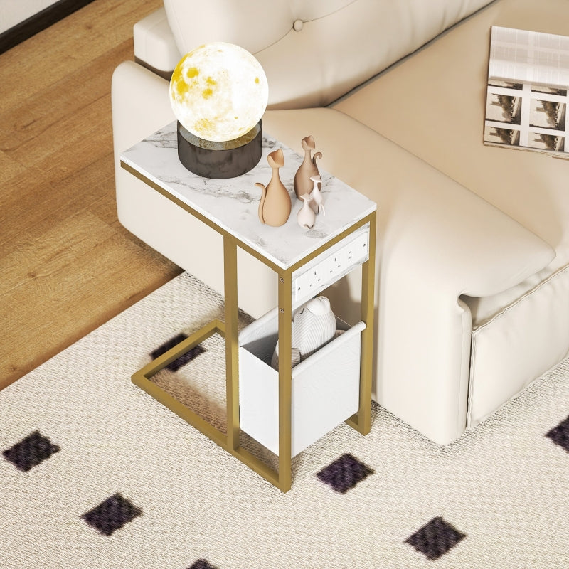 C Shaped Side Table Charging Station, Faux Marble Top - White
