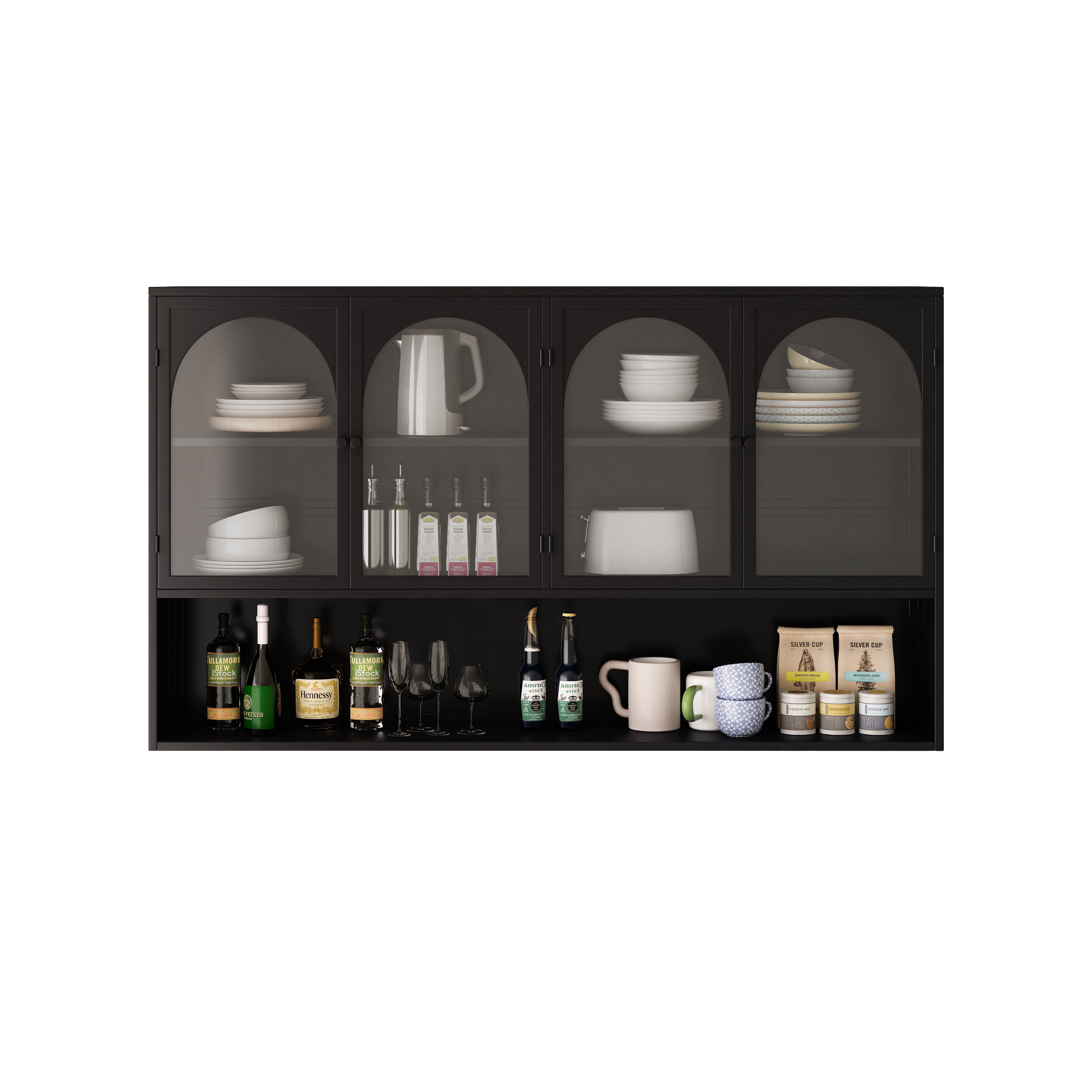 Four-door Glass Wall Cabinet, Wall-mounted 120CM, Black
