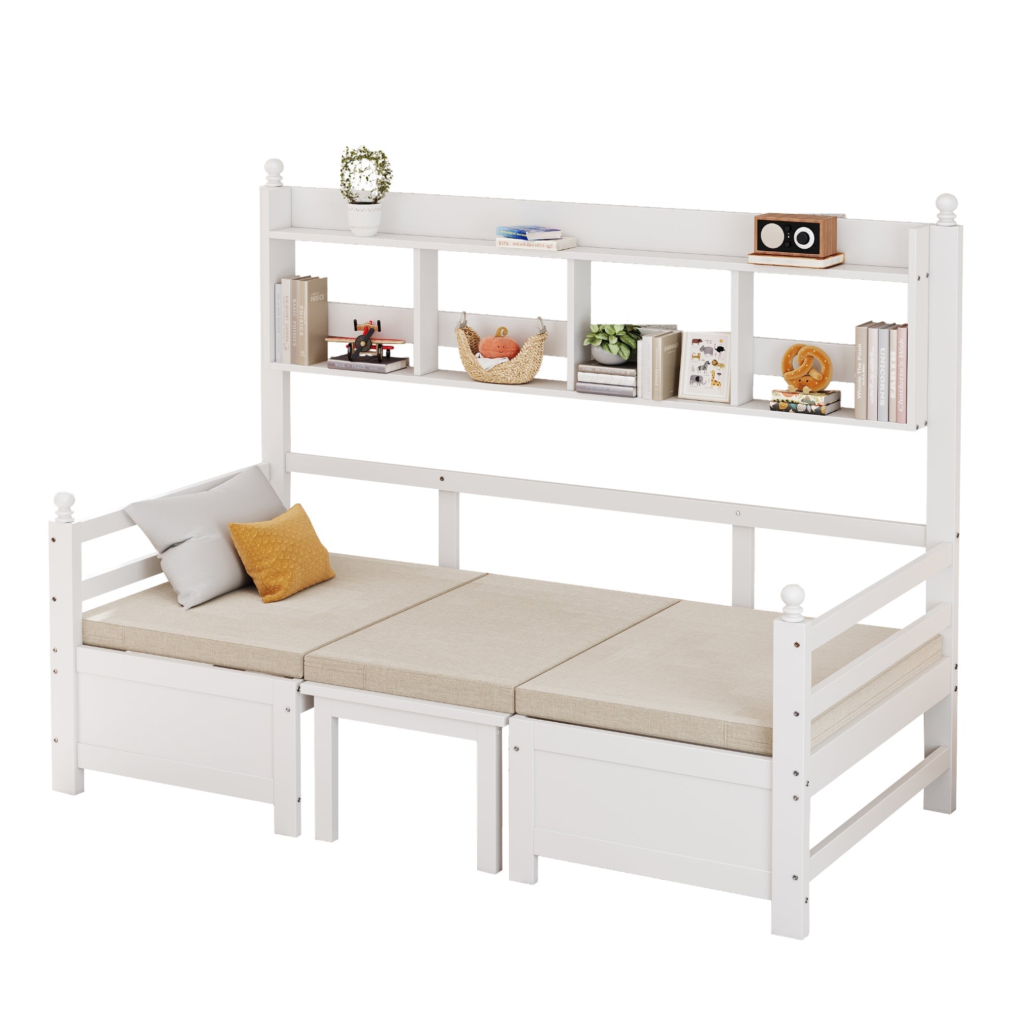 Sofa Bed, Multifunctional 2-in-1 Bed & Desk with Bookshelf & Pillows, Solid Wood White