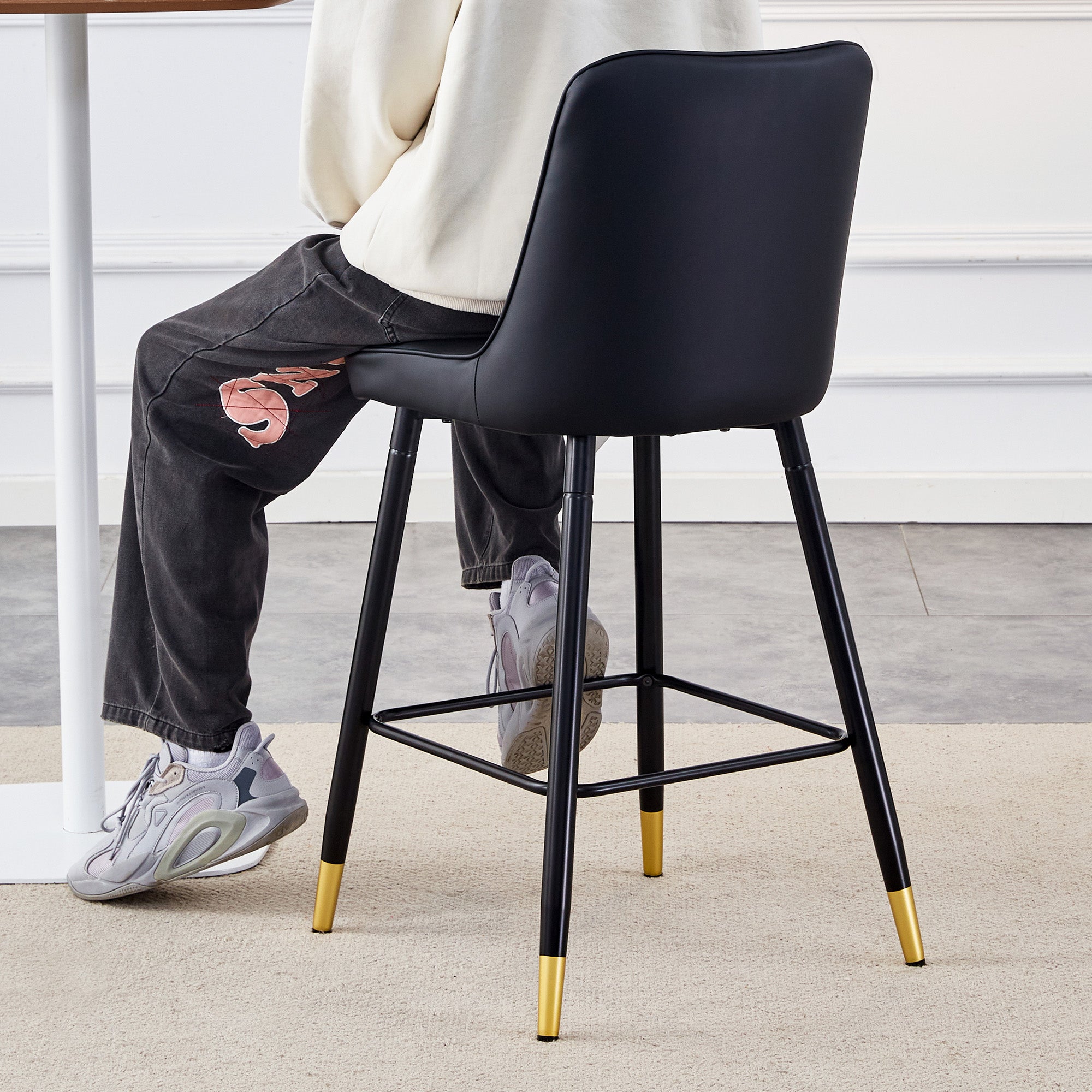 Set of 2 Bar Stools 100cm High Footrest - Black PU Leather