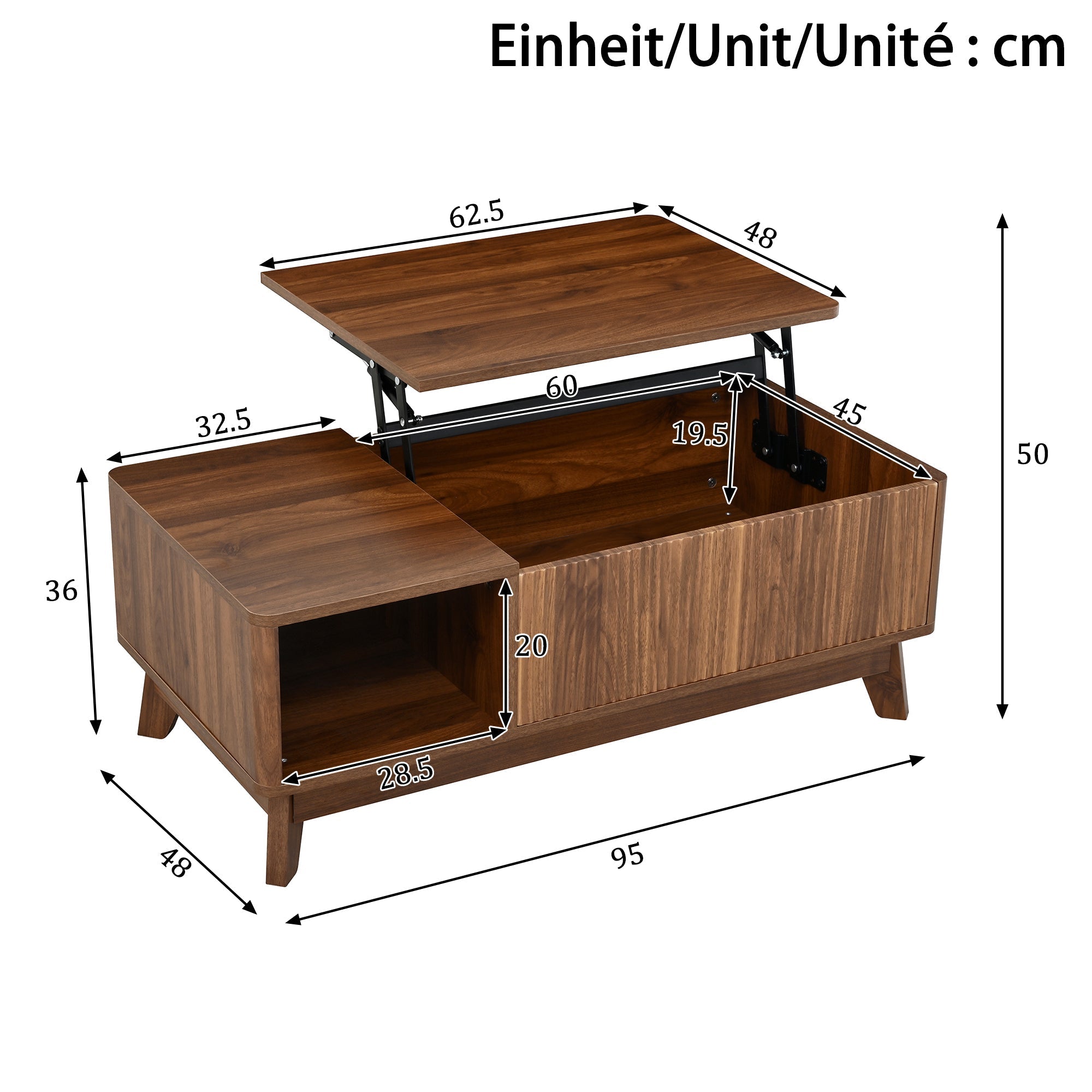 Coffee Table with Lifting Mechanism, Wave Design and Side Compartment, MDF Material